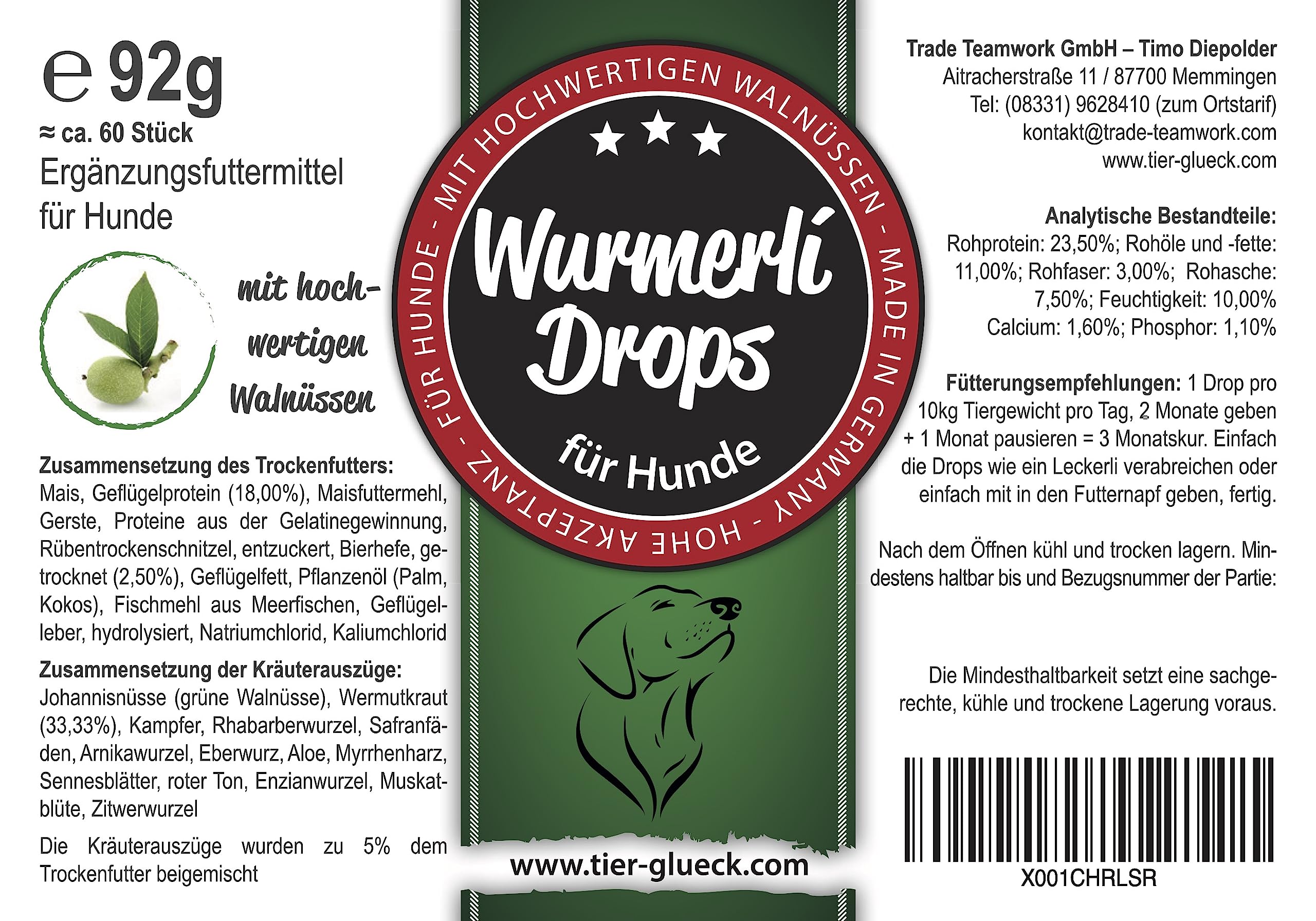 Wurmerli ® - Drops für Hunde (PROBIERPAKET) / Leckerli mit Kräuterextrakten, wie z.B. Wurmkraut, Angelikawurzel, Aloe und grüner Walnuss, 8g / Made in Germany