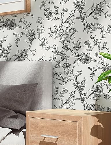 Miniatura 2 de Safiyya Papel tapiz de 393 x 17.3 pulgadas, diseño de pájaros florales, papel de pared en blanco y negro, extraíble, moderno, autoadhesivo, papel de