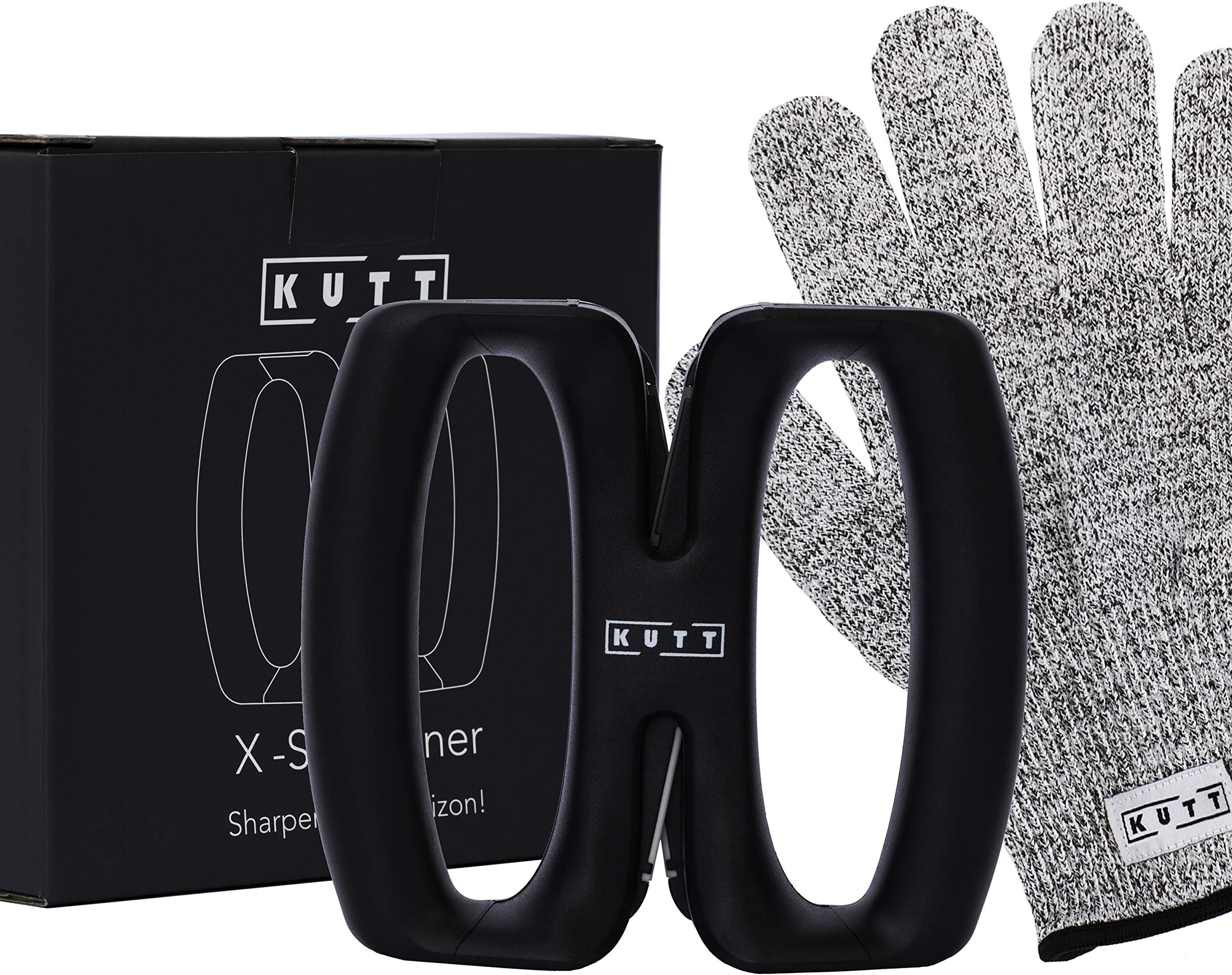 Kutt Premium Kitchen Knife Sharpener, Ergonomic Kitchen Knives X Sharpener Set, Sharpen Dull Knives, Quick Safe and Easy to Use, Cut Resistant Glove in Luxury Gift Box