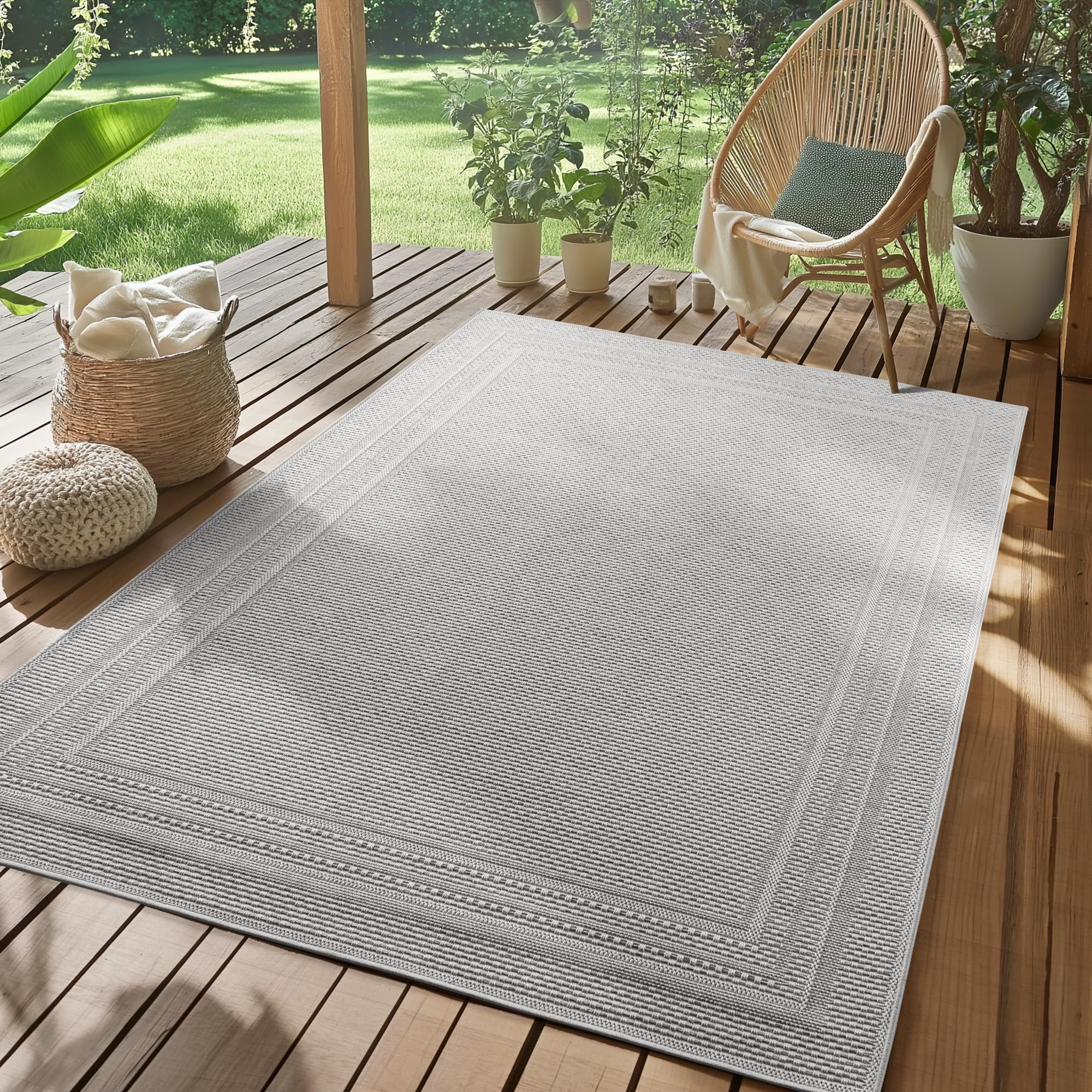 SIMPEX Tappeto da Esterno Grigio 160x230 cm, Resistente agli Agenti Atmosferici & UV, Cucina, Balcone, Terrazza, Soggiorno e Sala da Pranzo, Design a tinta unita con bordo