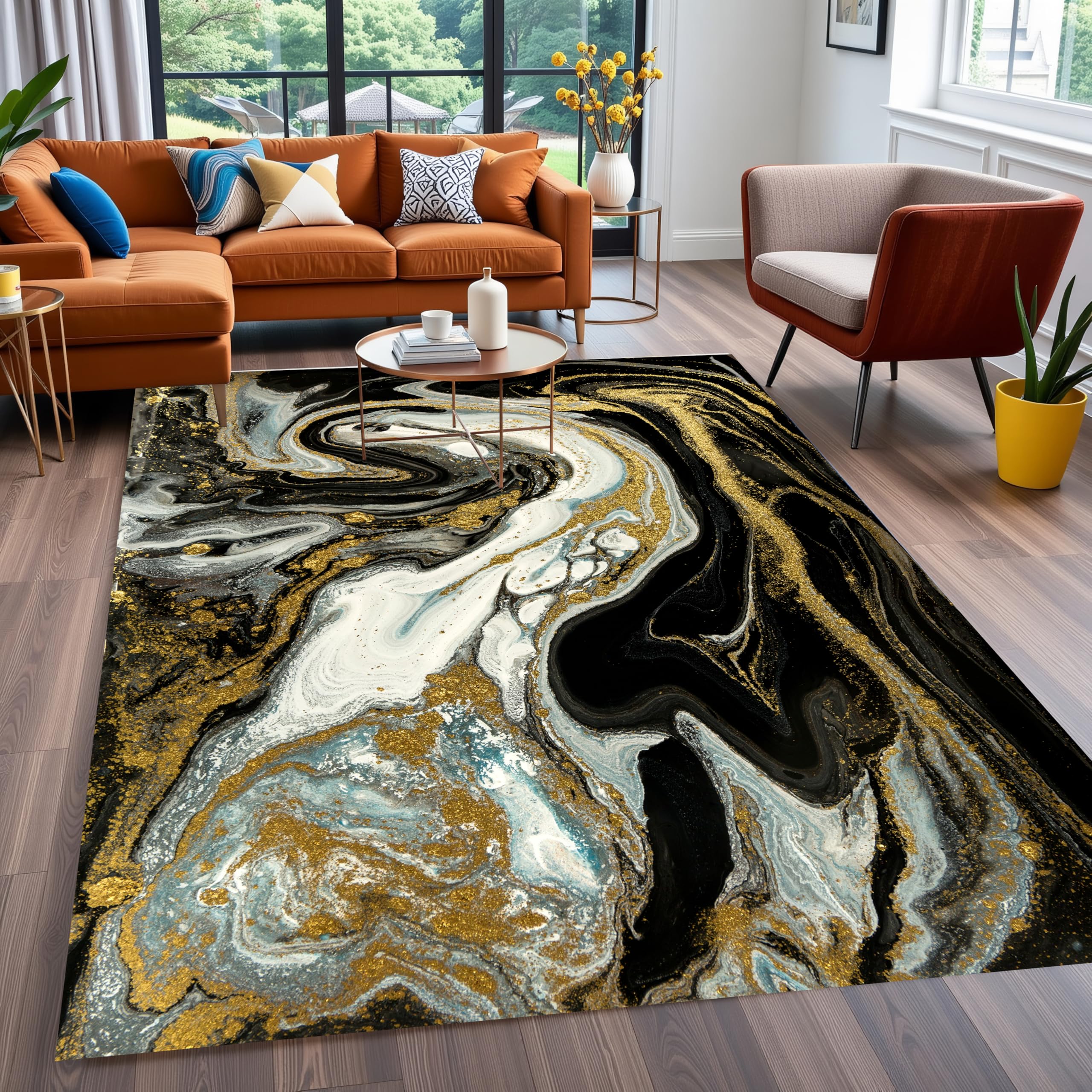Mamatong Black Gold Abstract Pattern Contemporary Modern Rug 5x7 Washable Soft Area Rug for Living Room Bedroom Dining Room Non Slip Kitchen Runner
