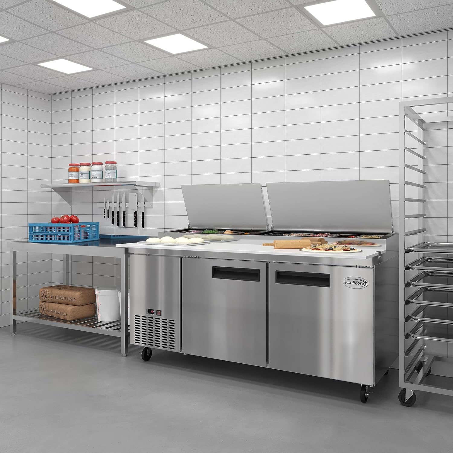 KoolMore 71 in. Commercial Pizza Prep Table with Built-In Refrigerator, Cutting Board, Food Protection Lid, Cold Storage, Rolling Caster Wheels in Stainless Steel, ETL Listed, (KM-RPPS-2DSS)