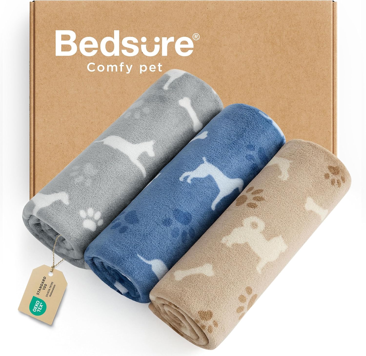 Bedsure 1 Pack 3 Pet Blankets, Super Soft Fluffy Premium Fleece Flannel Portable Throw Dog Blankets for Small Dogs, Printed Cat Puppy Blanket Grey/Brown/Blue Small(23×16 inch)