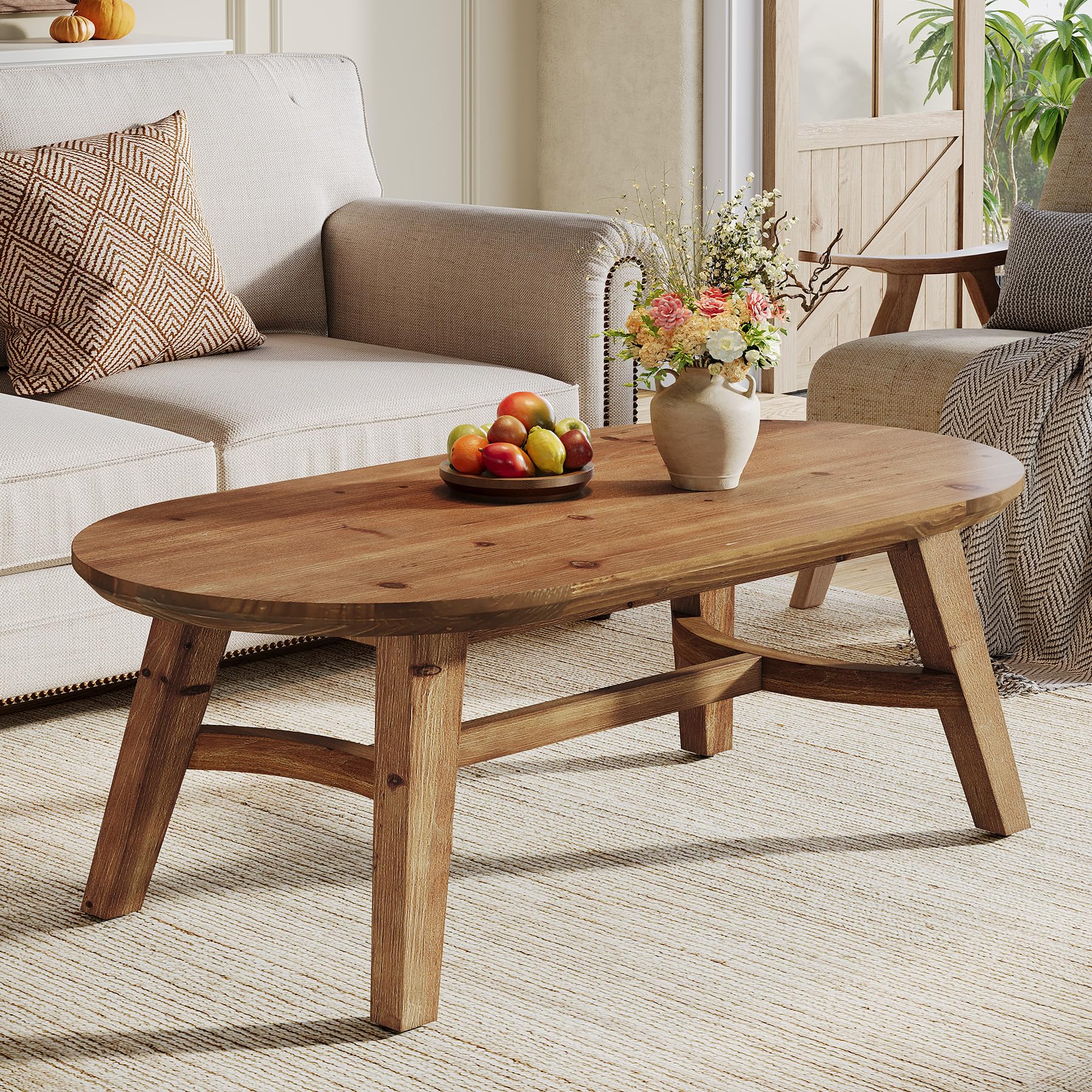 TRIBEWOOD Oval Coffee Table, 120 cm Solid Wood Living Room Table, Natural Pine Solid Wood Coffee Table, Modern Center Accent Furniture, Child-Friendly,Rustic Brown