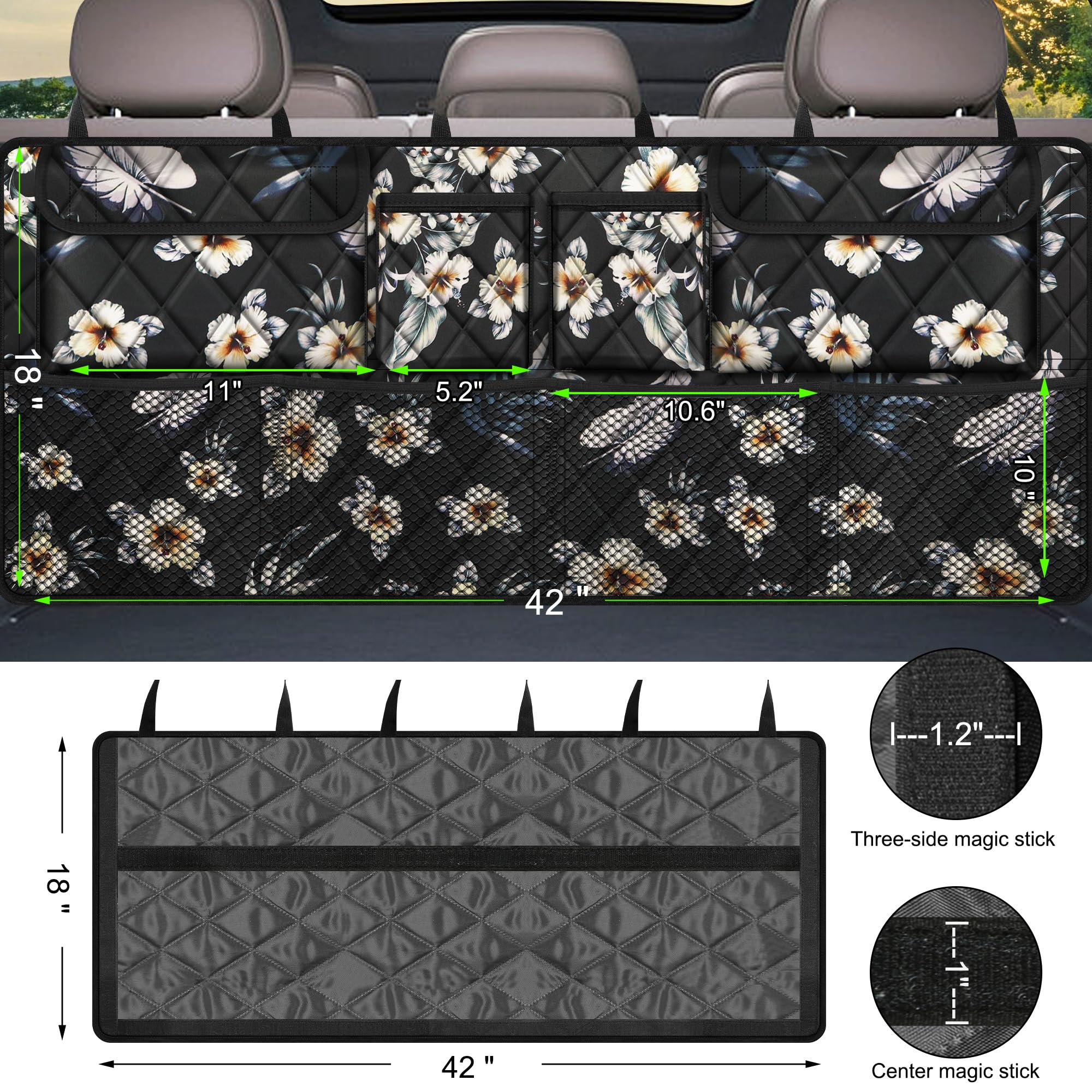 Femuar Organizador de maletero de coche, Accesorio Coche, Organizador de maletero de asiento trasero de gran capacidad (42 x 18 pulgadas), Bolsa de almacenamiento plegable con 8 bolsillos