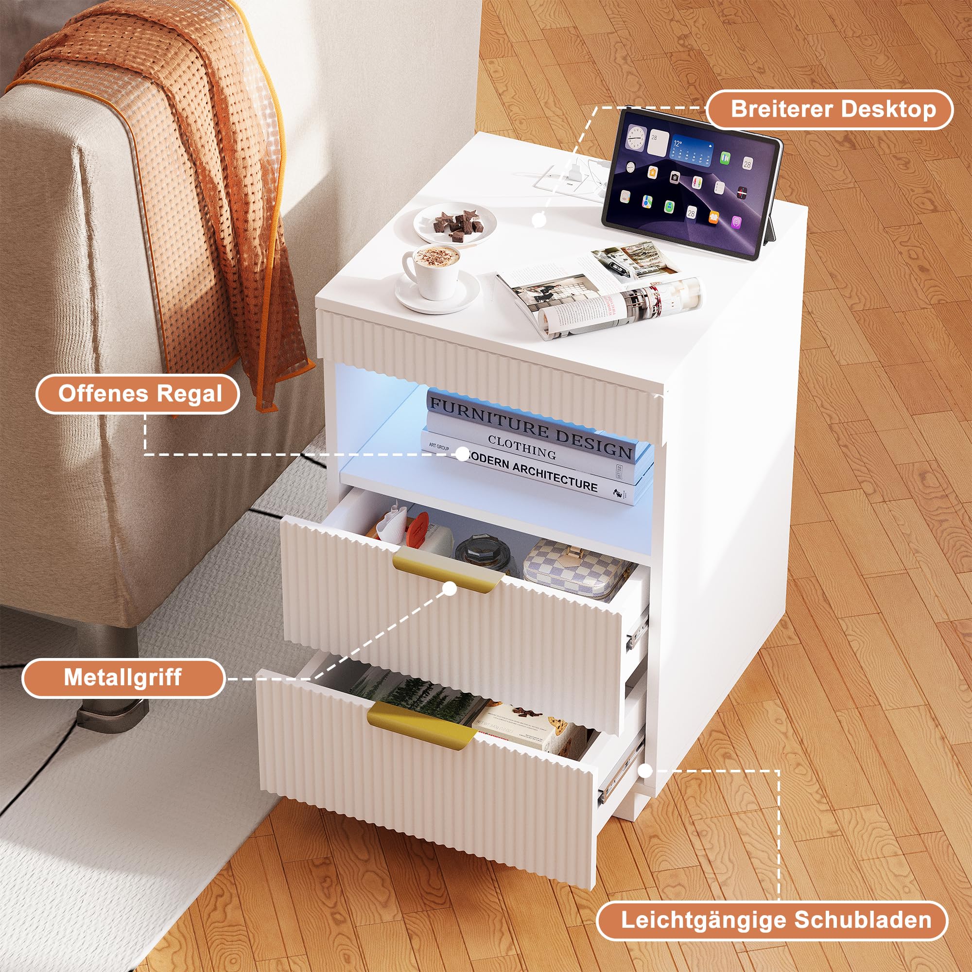 Zestaw 2 stolików nocnych, szafka nocna LED z 2 szufladami, taca, tajna przegródka, otwarta półka, USB i gniazdko, metalowe uchwyty, nowoczesny stolik pomocniczy, stolik kawowy do sypialni