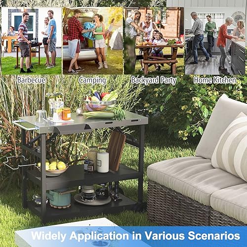 Miniatura 4 de PETSITE Carrito de parrilla al aire libre, soporte plegable para horno de pizza para barbacoa, mesa de preparación de alimentos movible con mesa y