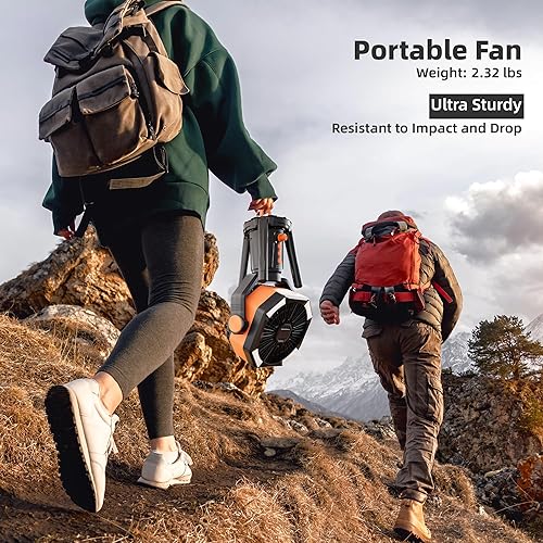 Miniatura 8 de MORIKO Trípode de ventiladores de mesa, 20000 mAh, recargable, funciona con pilas, ventilador portátil para tienda de campaña con linterna LED,