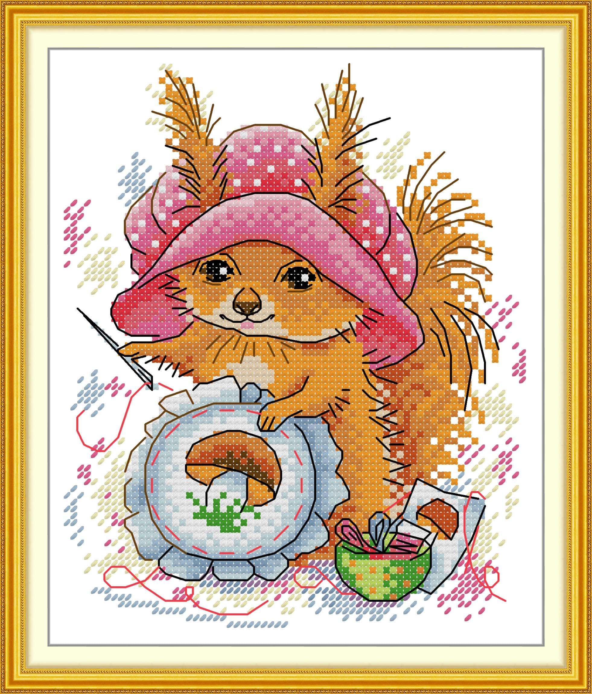 artcici Pre-Printed Cute Pets and Life Themes Cross Stitch Kits for Beginners, 11ct DIY Embroidery Kit with Sorted Threads Stamped Patterns Needlework Supplies (The Squirrel Who Loves to Embroider)