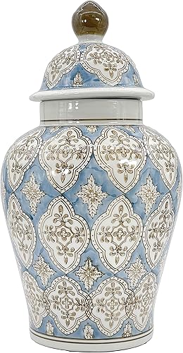 Galt International Tarro de jengibre de cerámica de mosaico pintado a mano azul claro y marrón de 18 pulgadas con tapa, porcelana chinoiserie