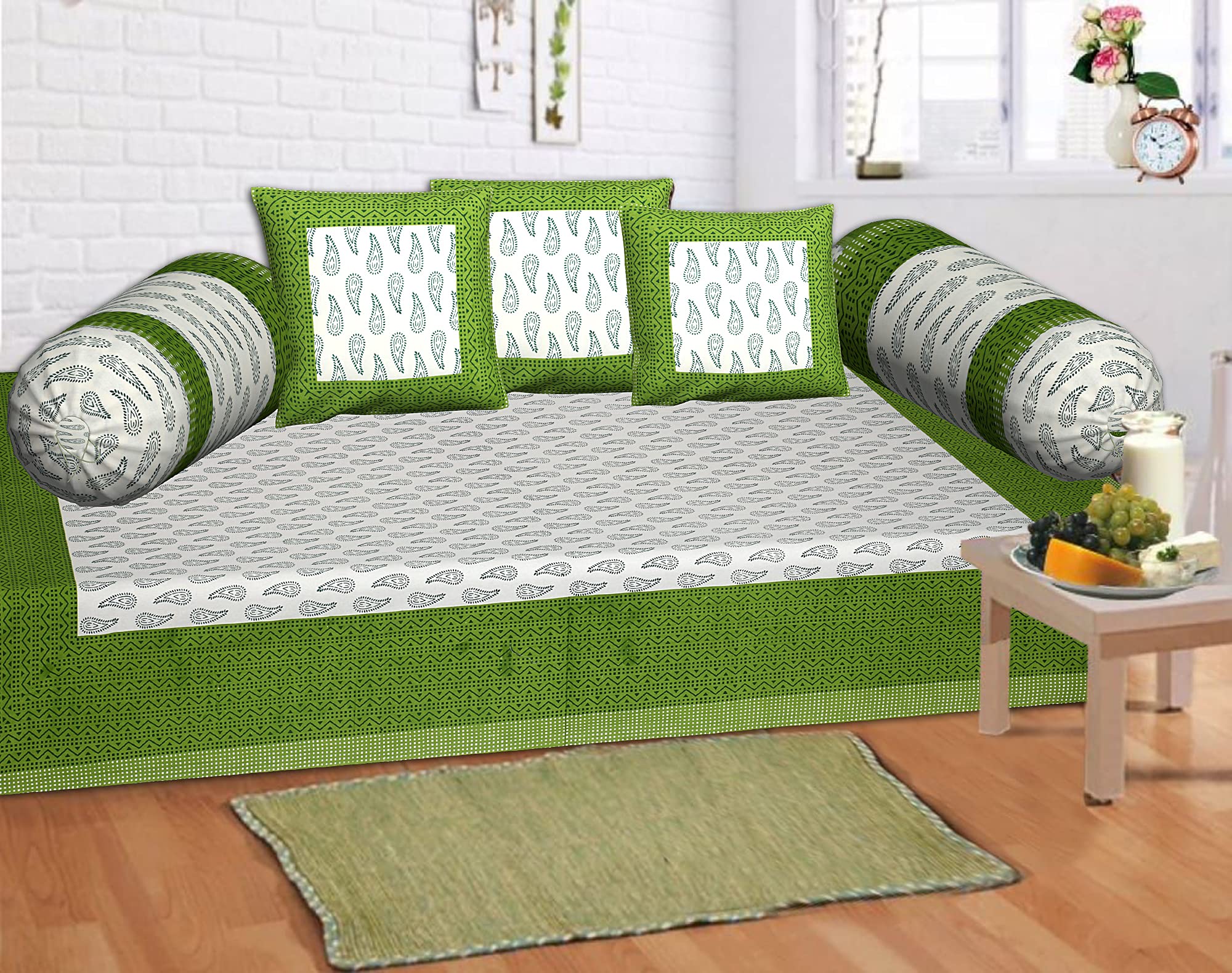 INDHOME LIFE 100% Cotton Floral Pattern Jaipuri Print Diwan Set, 240 TC with 6 Pieces, 1 Single bedsheet with 3 Cushions Covers and 2 Bolster Covers with Attractive Color & Design (Pack of 6)-image-31