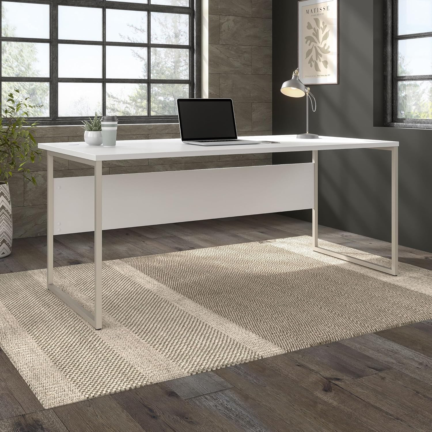White and Silver Modern Office Desk with Metal Legs