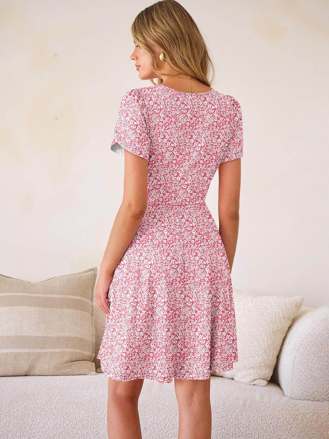 ANRABESS Womens Summer Dresses Short Sleeve Wrap V Neck A-Line Floral Mini Dress Causal Flowy Boho Beach Vacation Sundress - Image 5