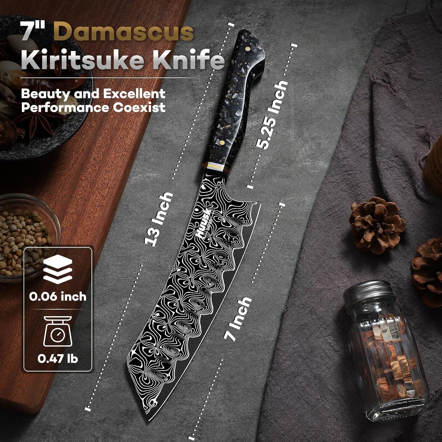 Huusk Damascus Japanese Chef Knife - Ultra Sharp Damascus VG-10 Kitchen Knife, Professional Santoku Knives with Ergonomic Resin Handle, Ideal Birthday Dad Mom Gift