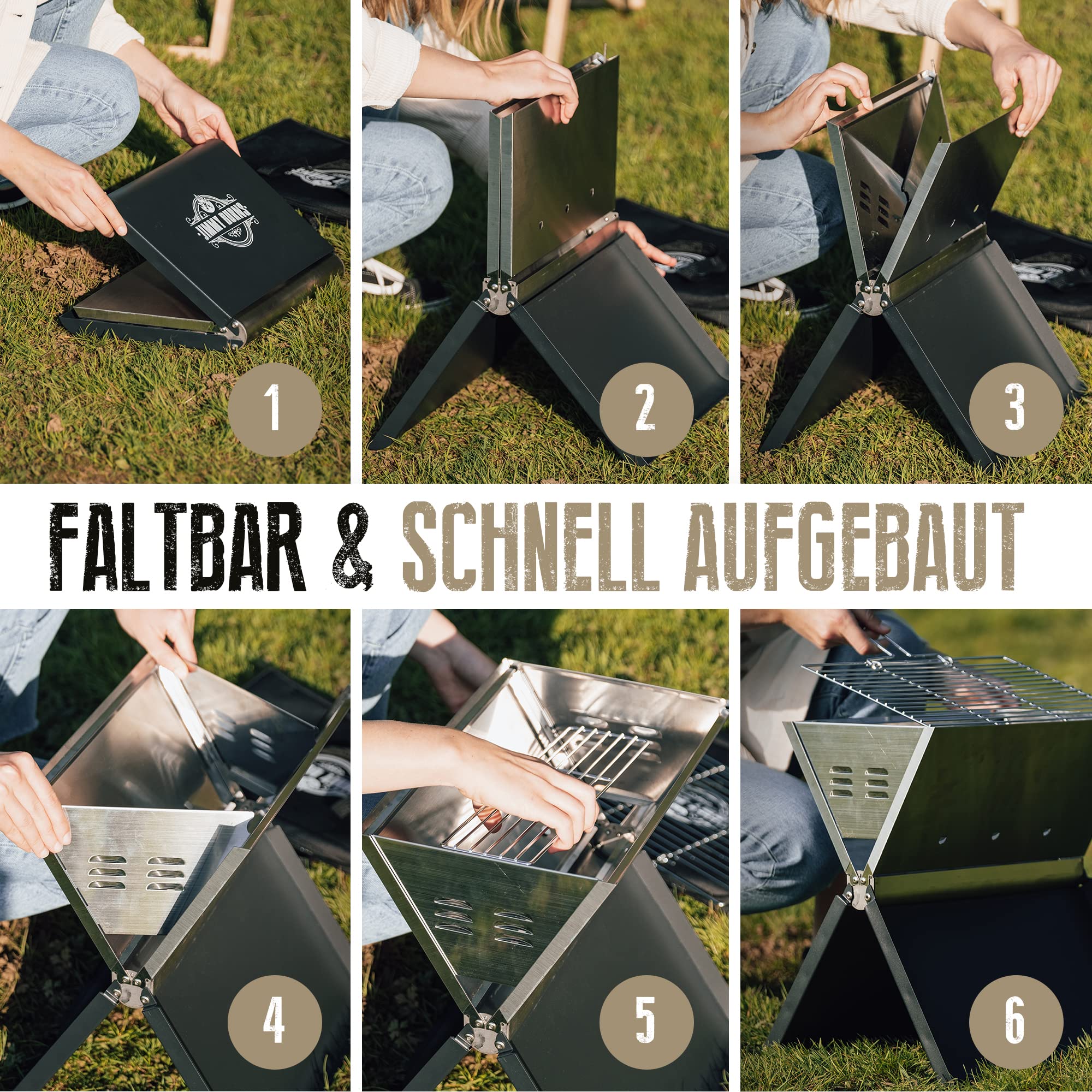 JIMMY BURNS Campinggrill Holzkohle Edelstahl | [Notebook Design] | für 2-4 Personen | Barbecue Klappgrill für Camping, Outdoor, Reise, Festival, Picknick | inkl. Grill Zubehör