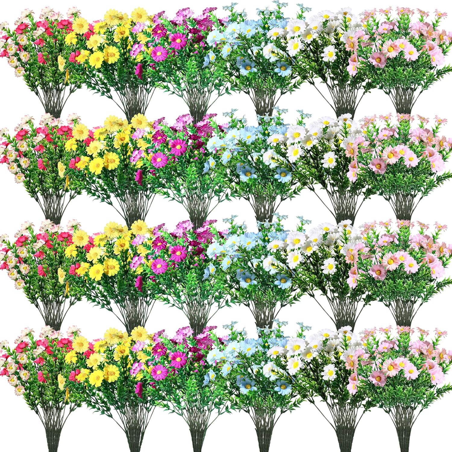 Crowye 48 Bundles Artificial Daisies Plastic Flowers Outdoor UV Resistant Fake Daisy Faux Plants Fake Flowers for Home Window Garden Planter Indoor Outside Decorations, Multicolor