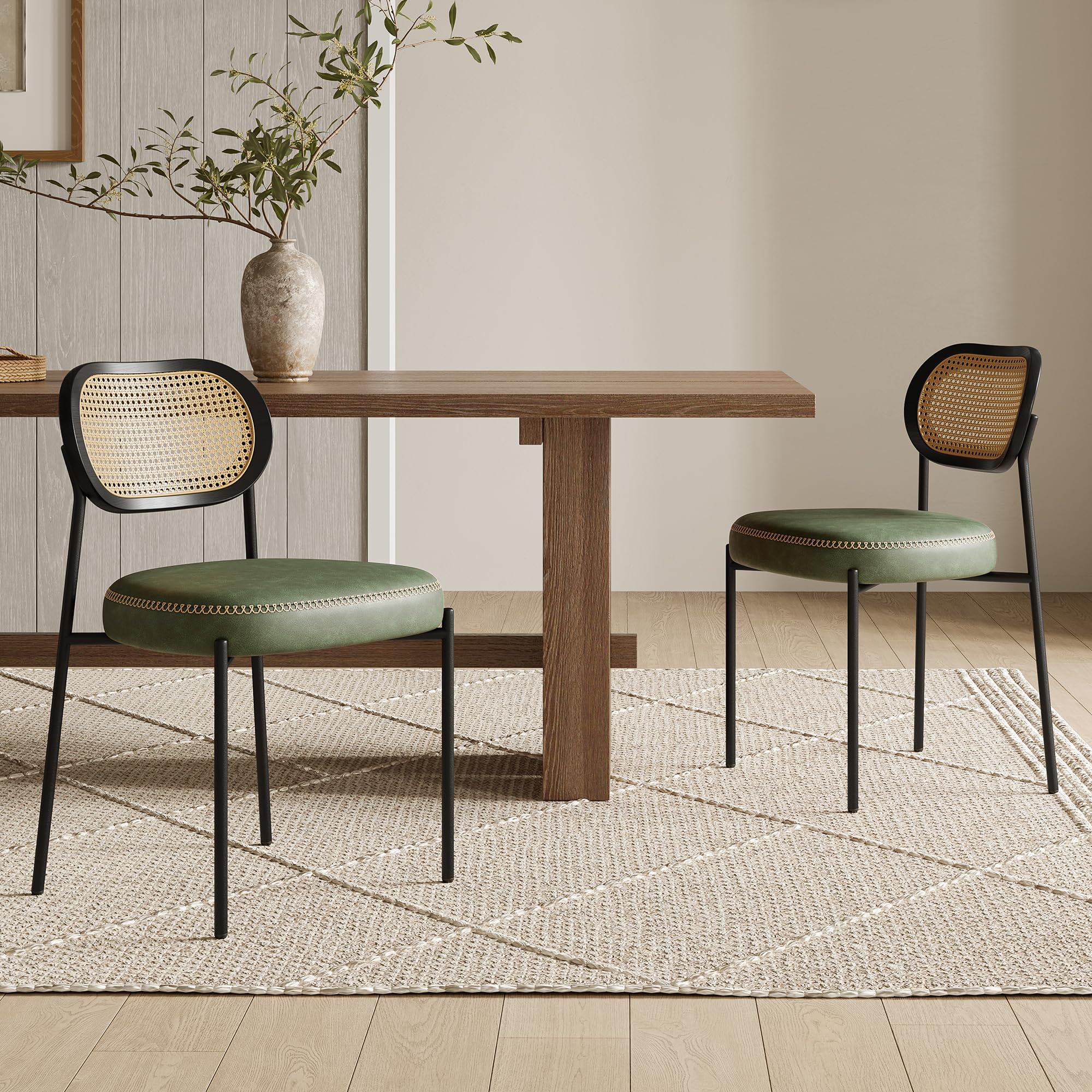 Quenvo Rattan Dining Chairs Set of 2, Green Leather Upholstered Dining Chairs with Rattan Cane Back, Mid Century Modern Dining Room Chairs with Black