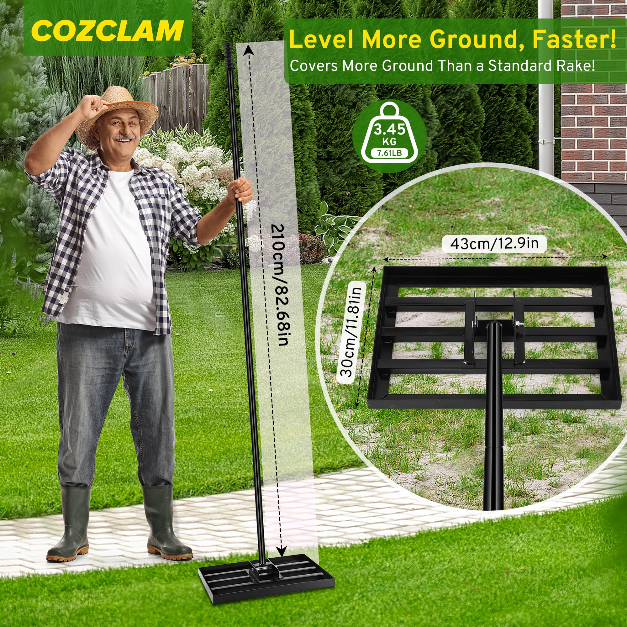 COZCLAM Rastrillo de nivelación de césped, herramienta de nivelación de césped resistente de 43 x 30 cm, mango ajustable de 210 cm, esparcidor de tierra y arena, rastrillo para el cuidado del césped