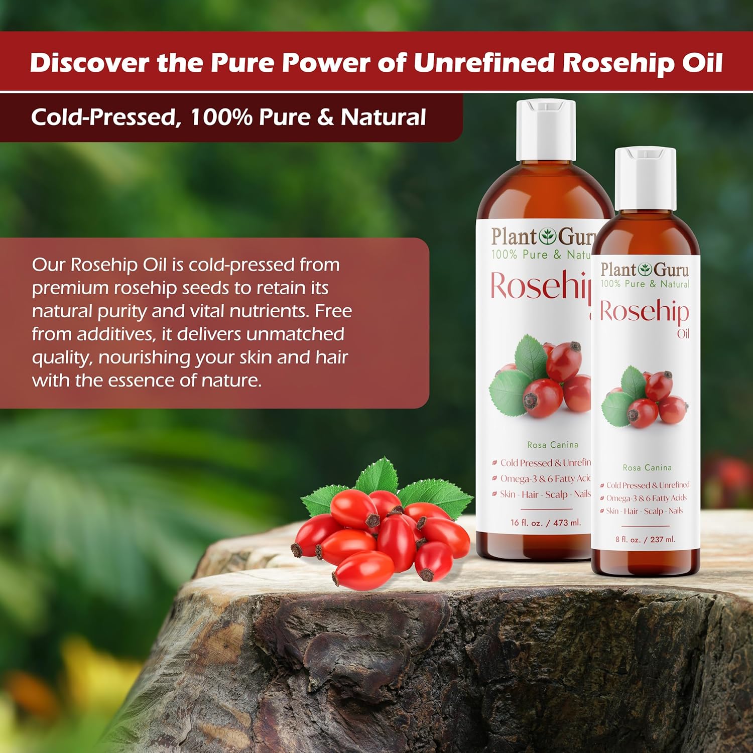 Plant Guru Rosehip Oil Unrefined 16 fl. oz. 100% Pure Cold Pressed – Nourishing for Skin, Hair, Scalp, and Nails – Hydrating, Moisturizing, and Rejuvenating.