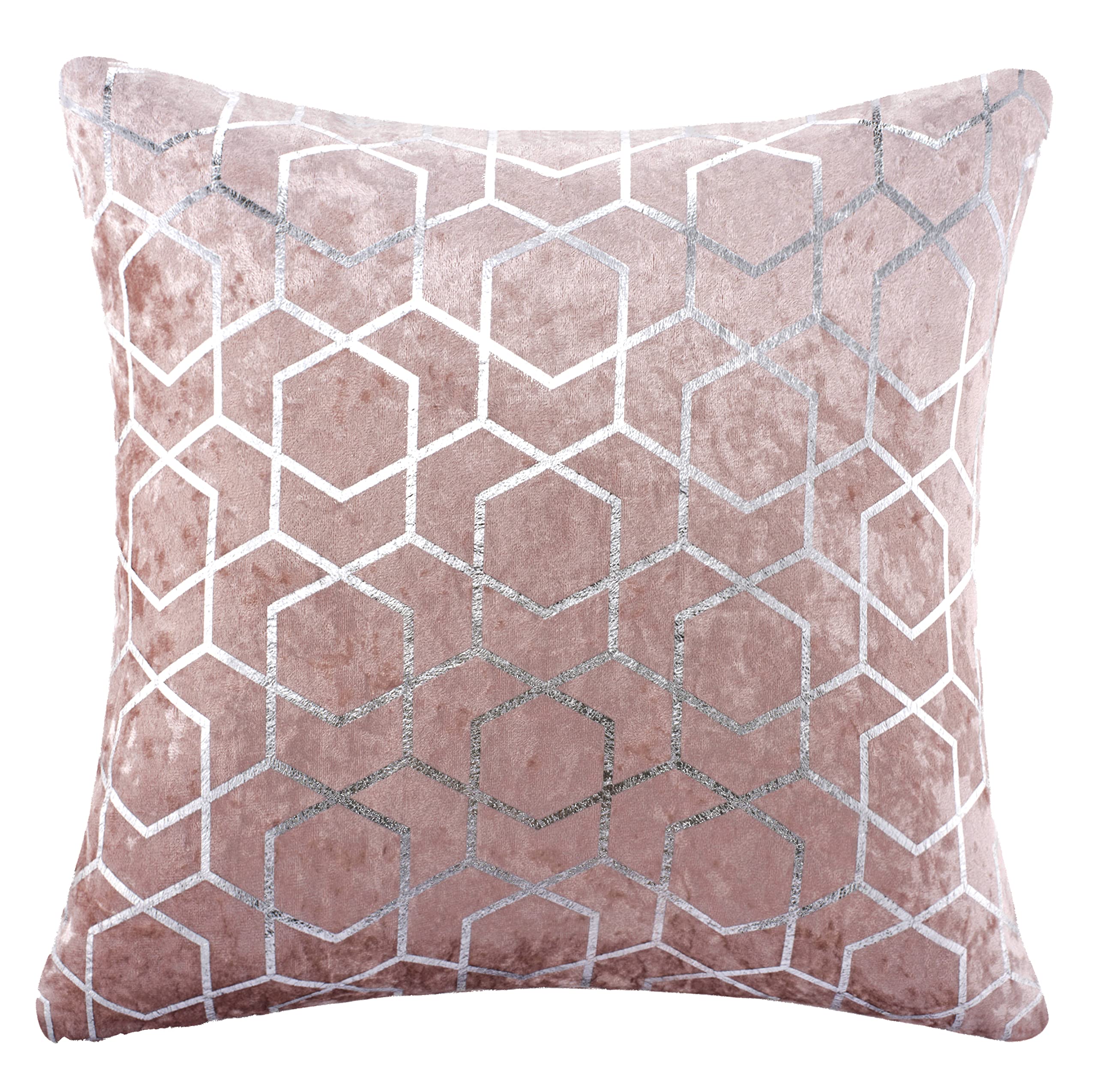 Red Rainbow Geometric Metallic Hexagon Luxury Crushed Velvet Cushion Cover (Pink & Silver, 18" x 18")