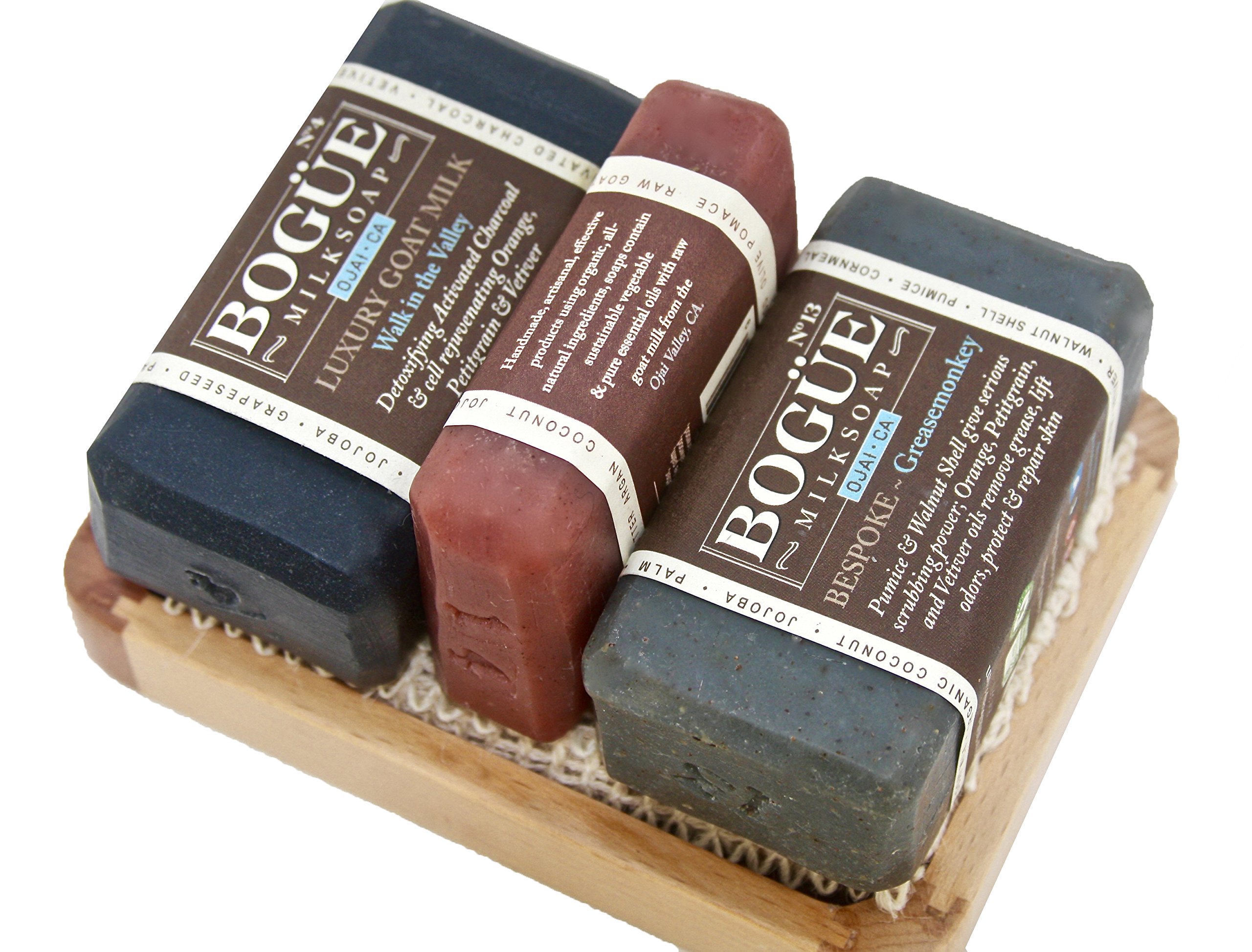 Goat Milk Soap Bearded Greasemonkey Giftset- BOGUE No.14 Beard Wash, No.13 Exfoliating Grease Monkey 3 Aggregates Remove Grime No.4 Activated Charcoal Detox, Cloth & Tray