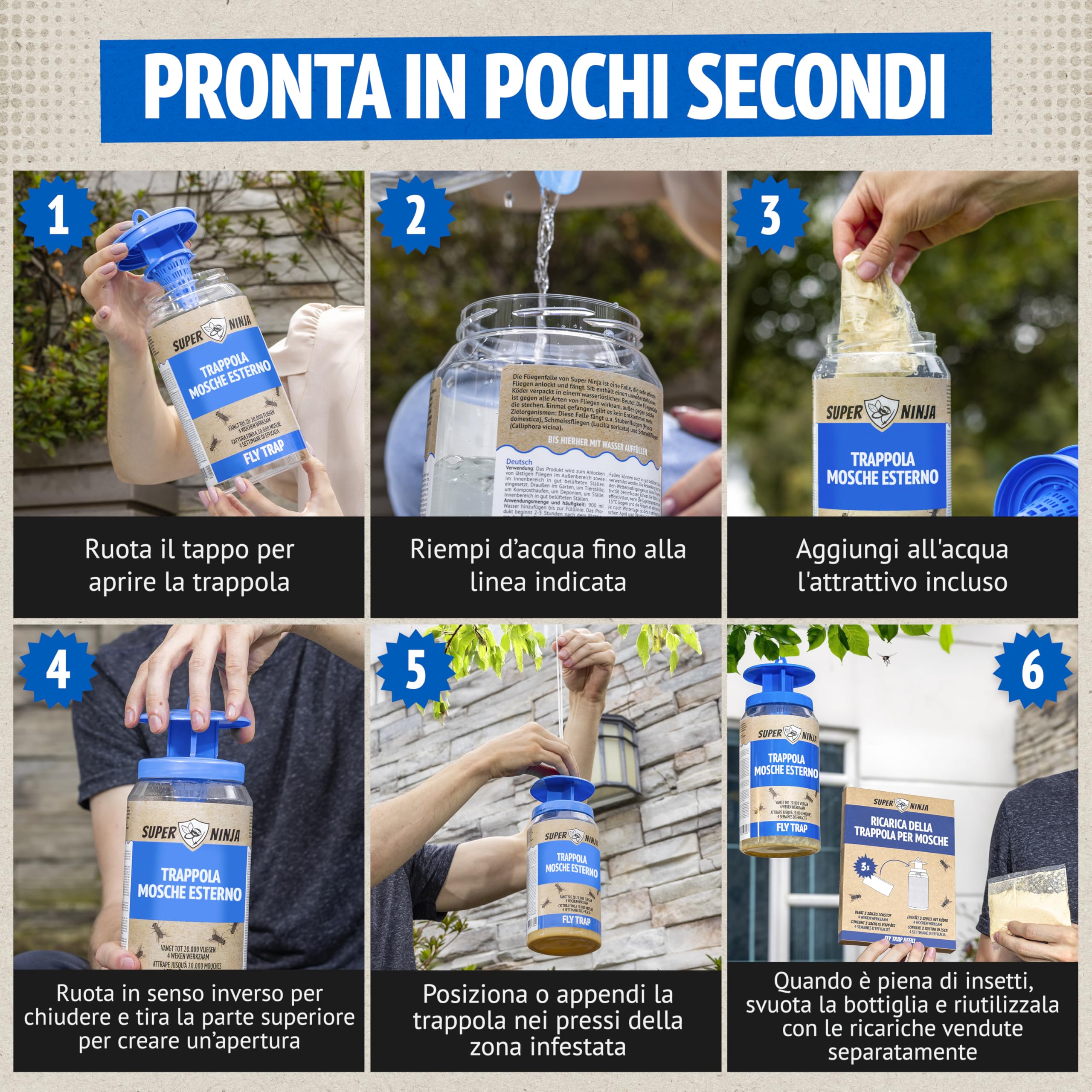 Super Ninja Trappola per Mosche Riutilizzabile Atossico Cattura 20.000 Mosche Durata 4 Settimane