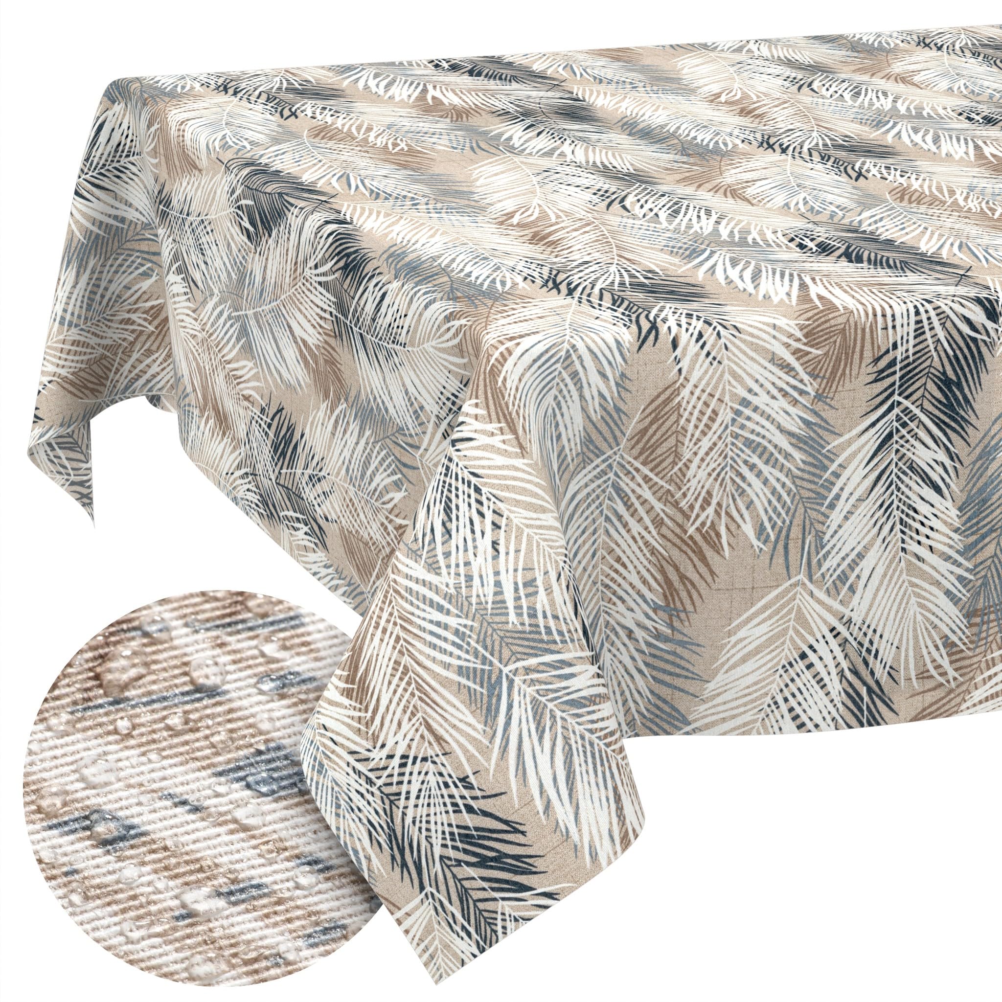 ANRO Washable Tablecloth Leaves Grey Beige Rectangular 160 x 140 cm - Water-Repellent Indoor Outdoor Lotus Effect Cut Edge