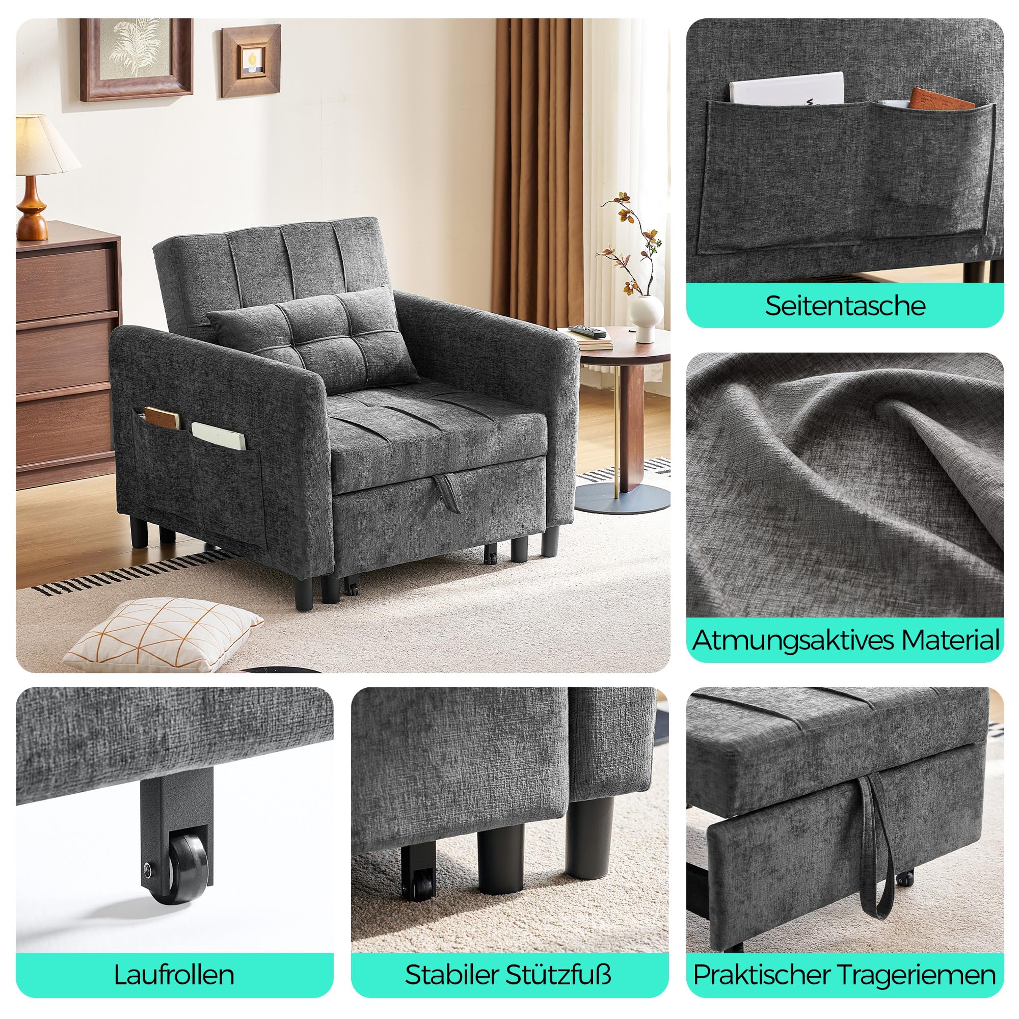 LINSY HOME 3-in-1 Schlaferstuhl, 1-Sitzer Sofa mit Schlaffunktion, Chenille Sessel Kleine mit Kissen und Seitentasche für Kleine Wohnung - Schlafbereich 74 x 190cm (Grau)