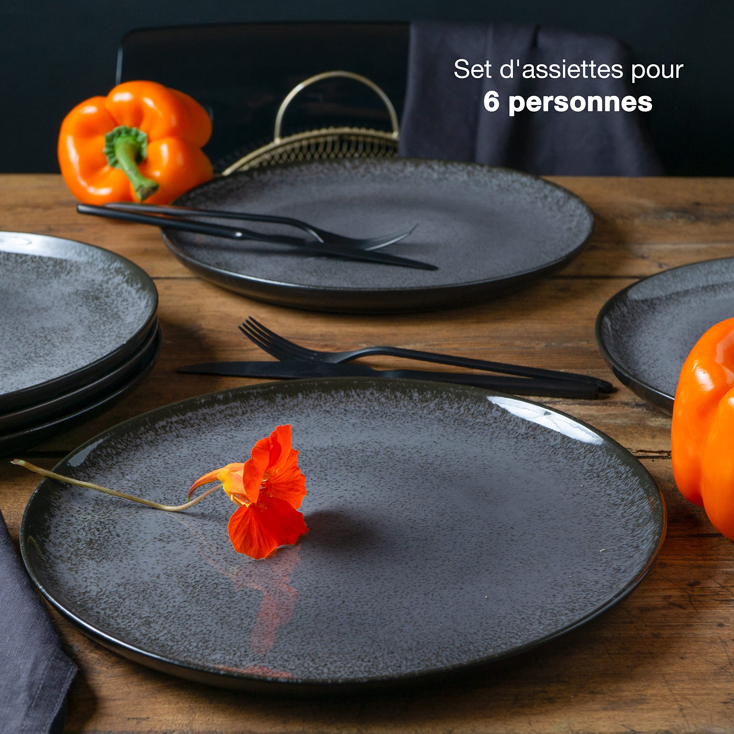 Moritz & Moritz VIDA Lot de 6 assiettes à dîner Anthracite - Assiettes pour 6 personnes - Porcelaine passe au lave-vaisselle et au micro-ondes