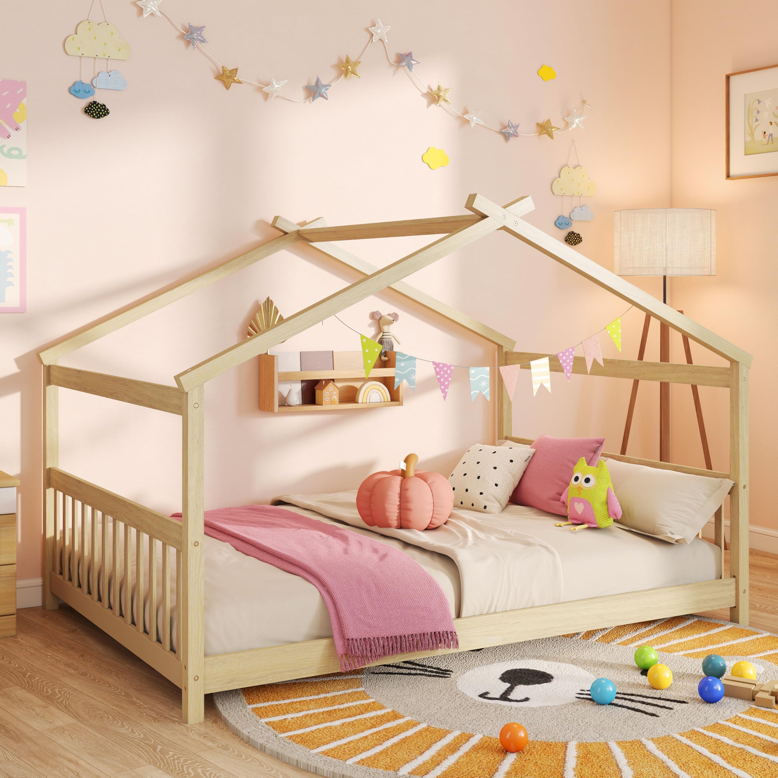 GORELAX Full Bed Frame, Low Floor Kid House Bed with Roof, Montessori Floor Bed, Headboard & Footboard, No Box Spring Needed, Wood Full Size Platform