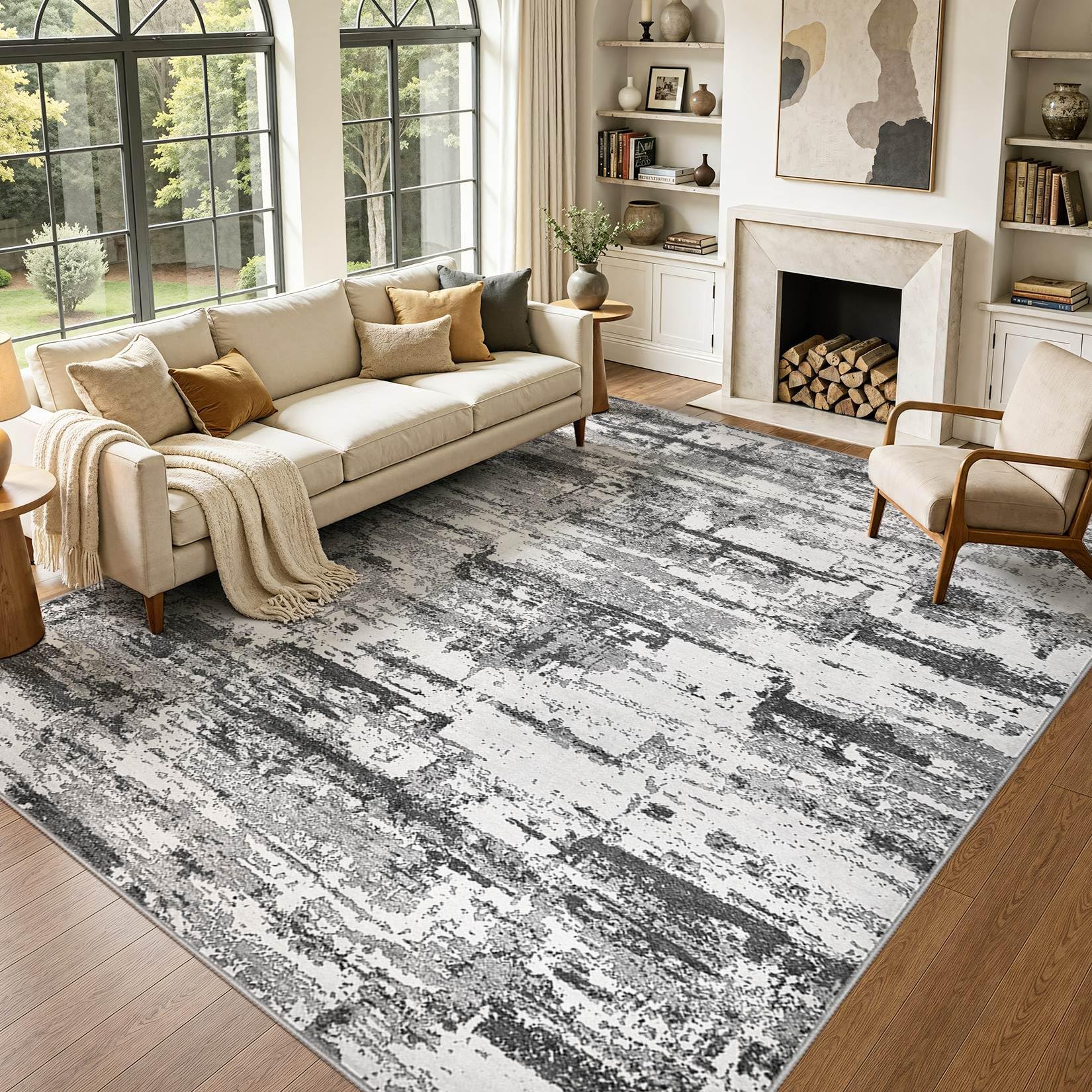 cotiled Rugs Living Room 300x400cm Black Grey Abstract Washable Area Rug
