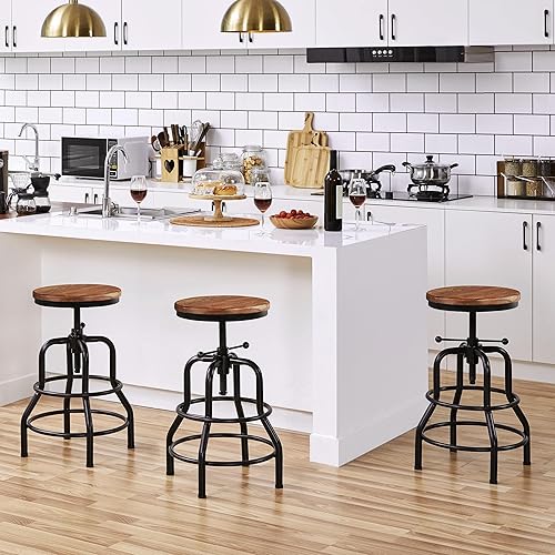 Miniatura 31 de Yaheetech Taburete de bar industrial, vintage, rústico, altura de mostrador, taburete de bar de metal, ajustable con asiento redondo de madera,