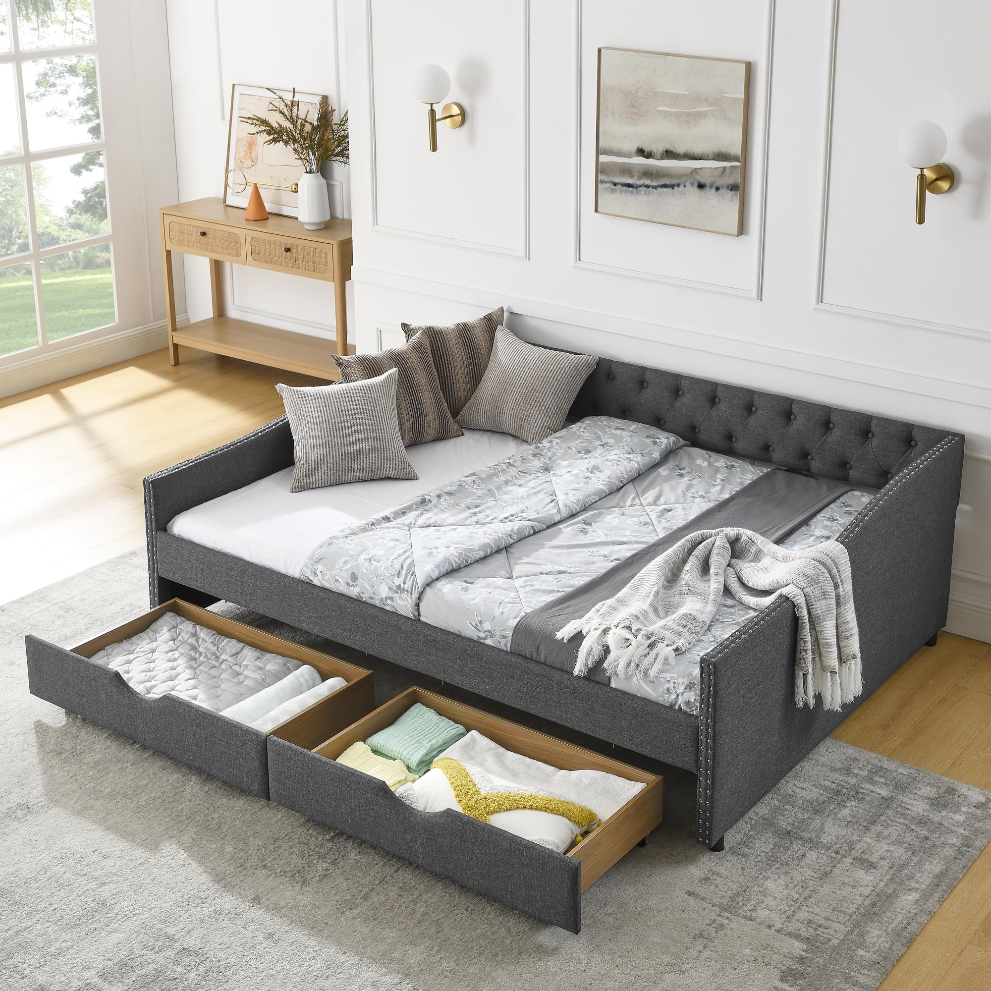 KEIKI Queen Size Upholstery Daybed with 2 Drawers and Headboard, Mid-Century Style Tufted Sofa Bed with Button on Back, Easy Assembly, No Box Spring Required, for Living Room and Bedroom, Dark Grey Drak Grey Queen+Drawer