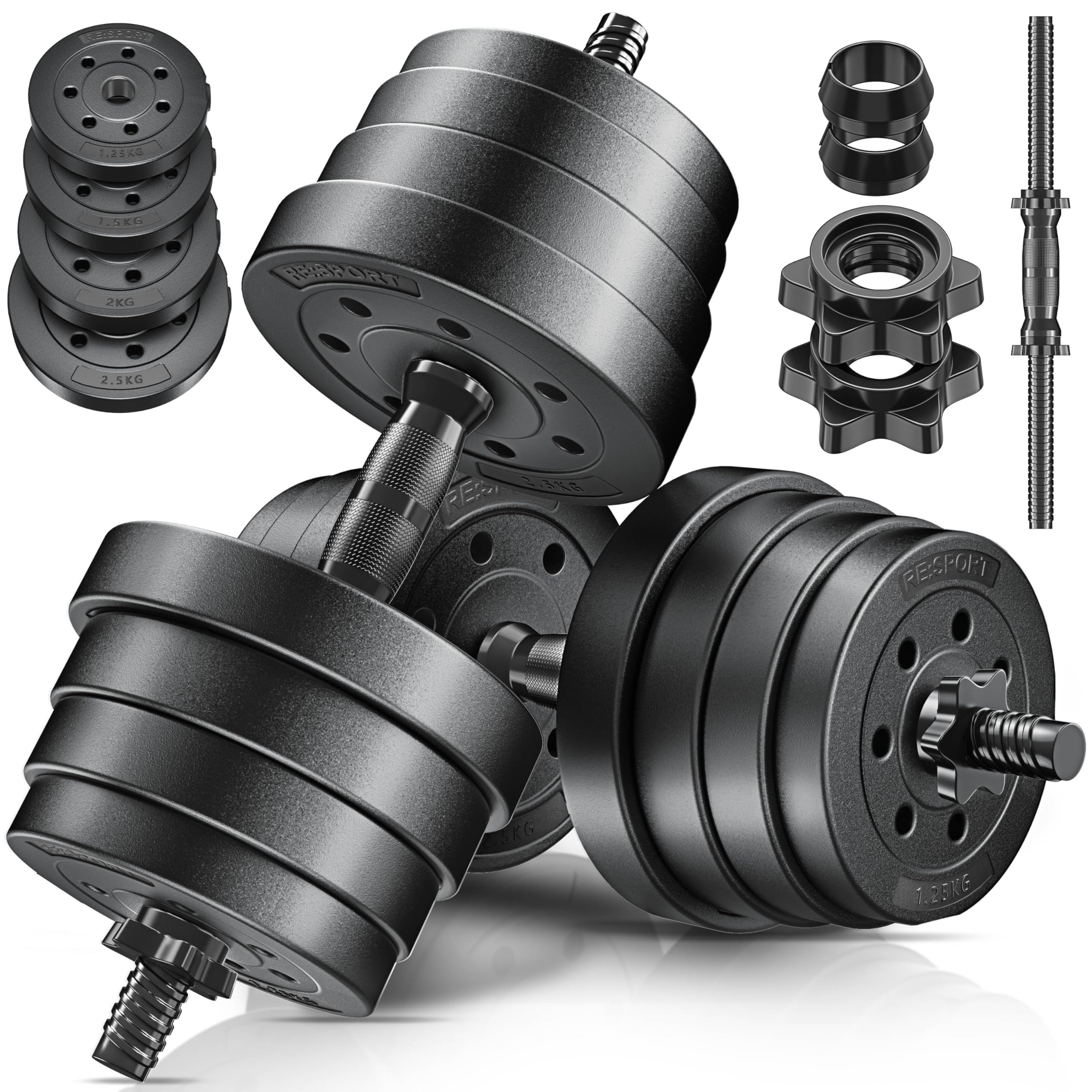 RE:SPORT Set di 2 manubri regolabili 15/20/30/40 kg | Set di 2 manubri | manubri con pesi e 4 chiusure a stella | manubri fitness per costruzione muscolare, allenamento e casa