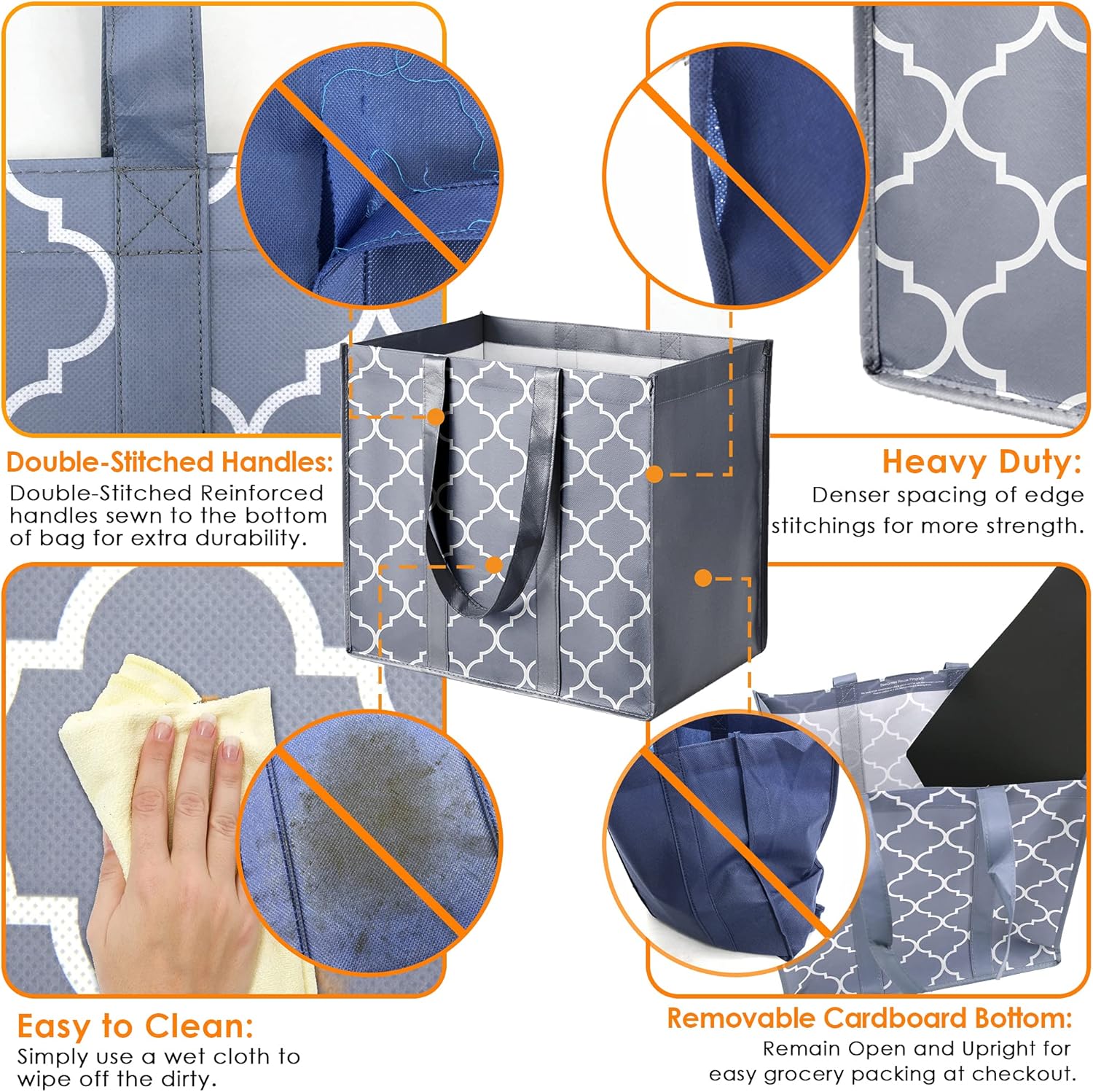 BeeGreen 12 Pieces Reusable Grocery Bags Extra Large Shopping Totes with Removable Bottom Durable Heavy Duty Easy to Clean for Groceries Foldable Grey Navy Teal Blue Black: Home & Kitchen