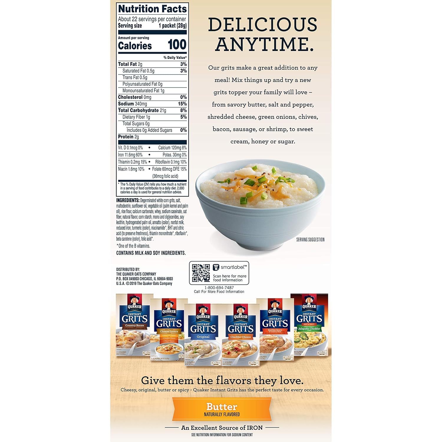 Quaker Instant Grits, Butter Flavor, Value Pack, 22 Packets