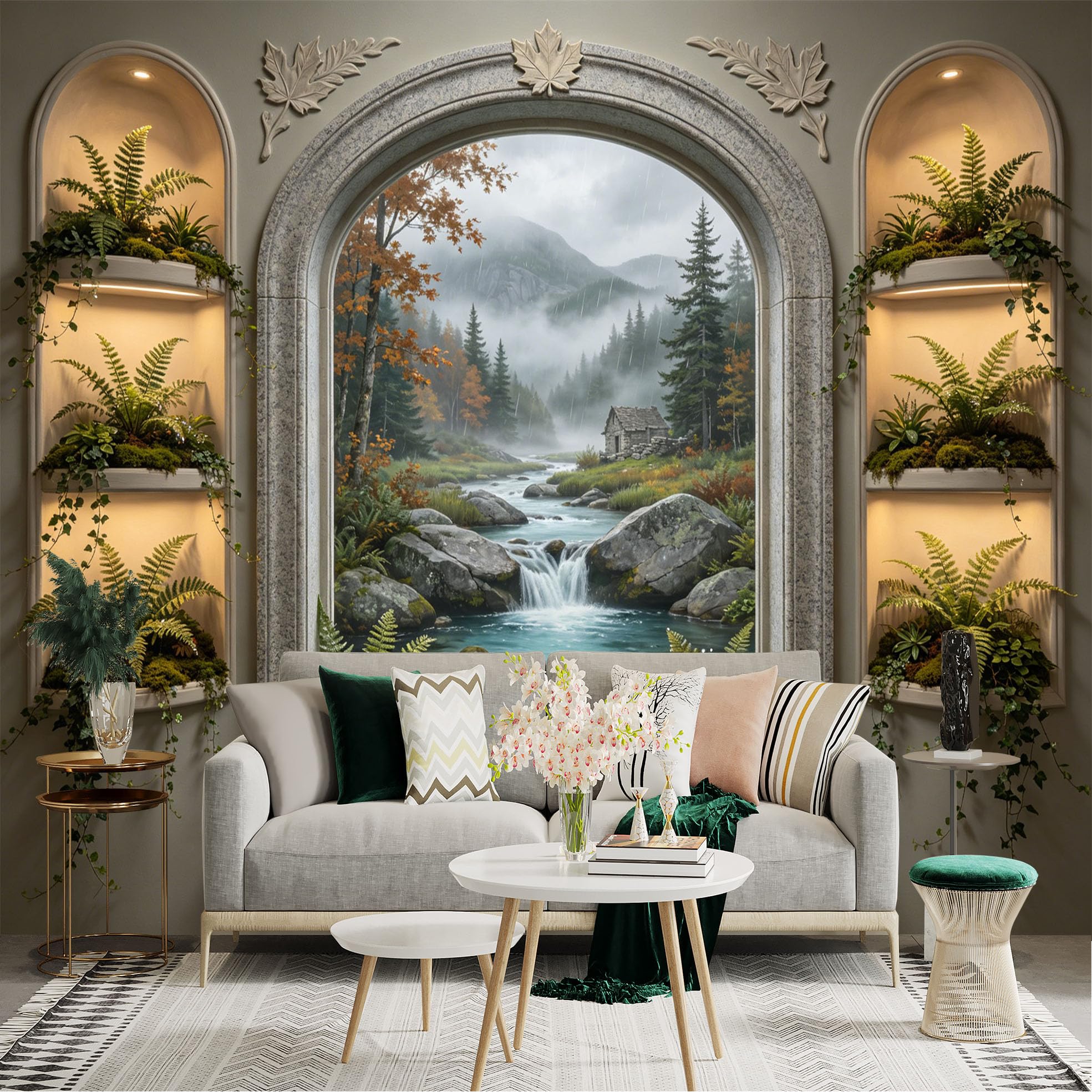 Lnzczhyre Dbh260521159 Custom Size Wall Sticker Mural， Scenic Forest Window View， Misty River With Waterfall， Cottage In Woodland， Lush Potted Ferns Decor， For Wall Decoration， Peelandstick Wall Decals.