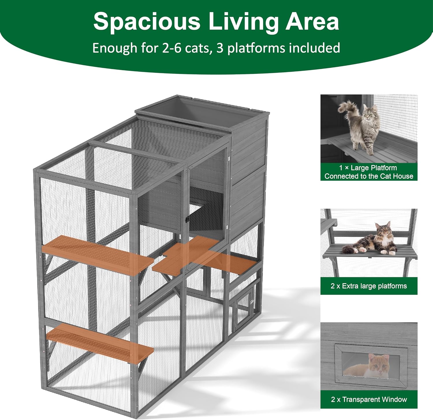 Catio Outdoor Cat Enclosure, Large 4 Tiers Cat Catio Connect to Window for Outdoor Indoor Cats with Weatherproof Roof, Resting Rooms, Platforms, Large Door, 76" L x 32.9" W x 70.8" H, Grey