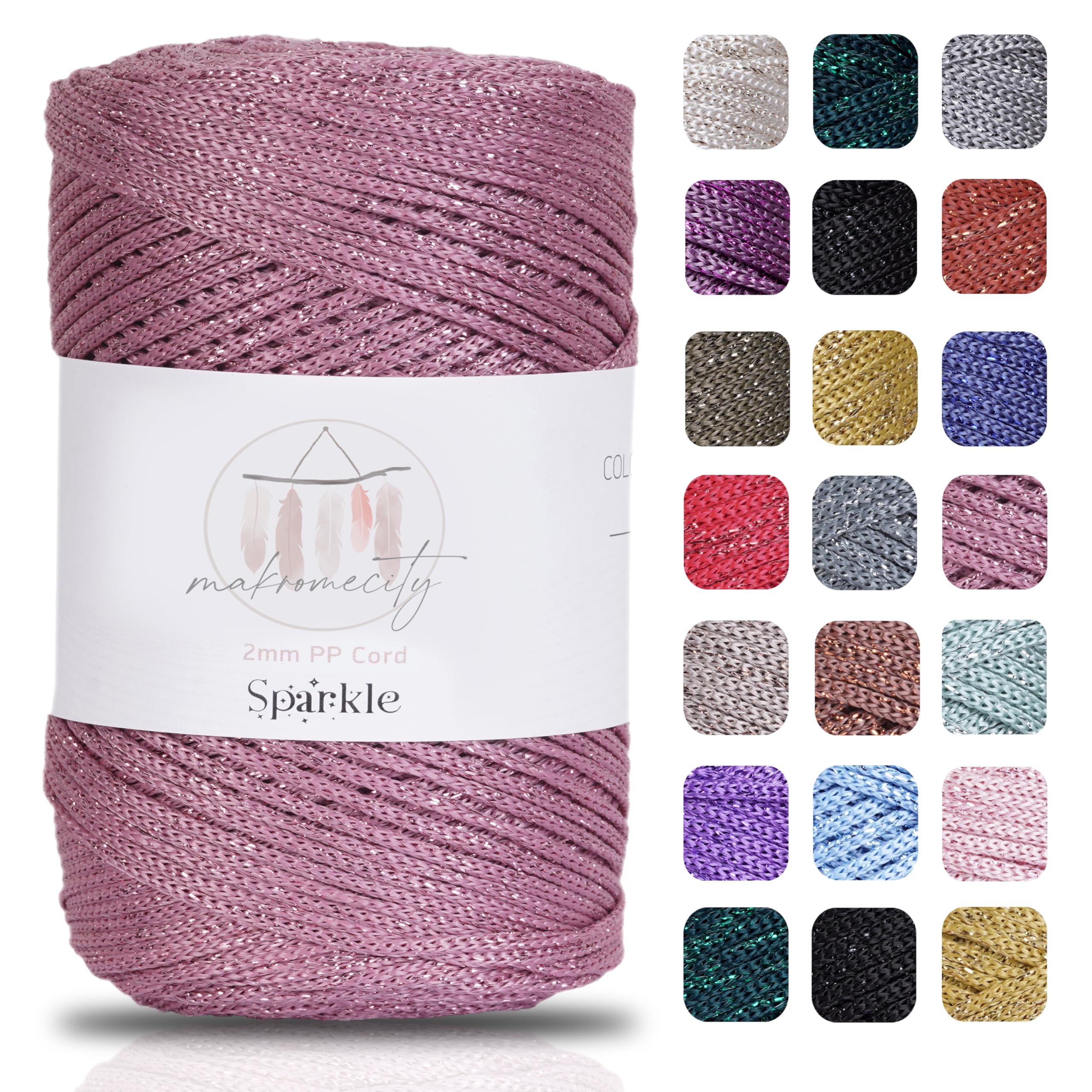 Makromecity, Sparkle Polyester Macrame Cord 2mm x 250 Yards (750 feet) 2mm Polypropylene Macrame Cord for Macrame Art & Crafts for Wall Hangings, Bags, Underplate, Rug