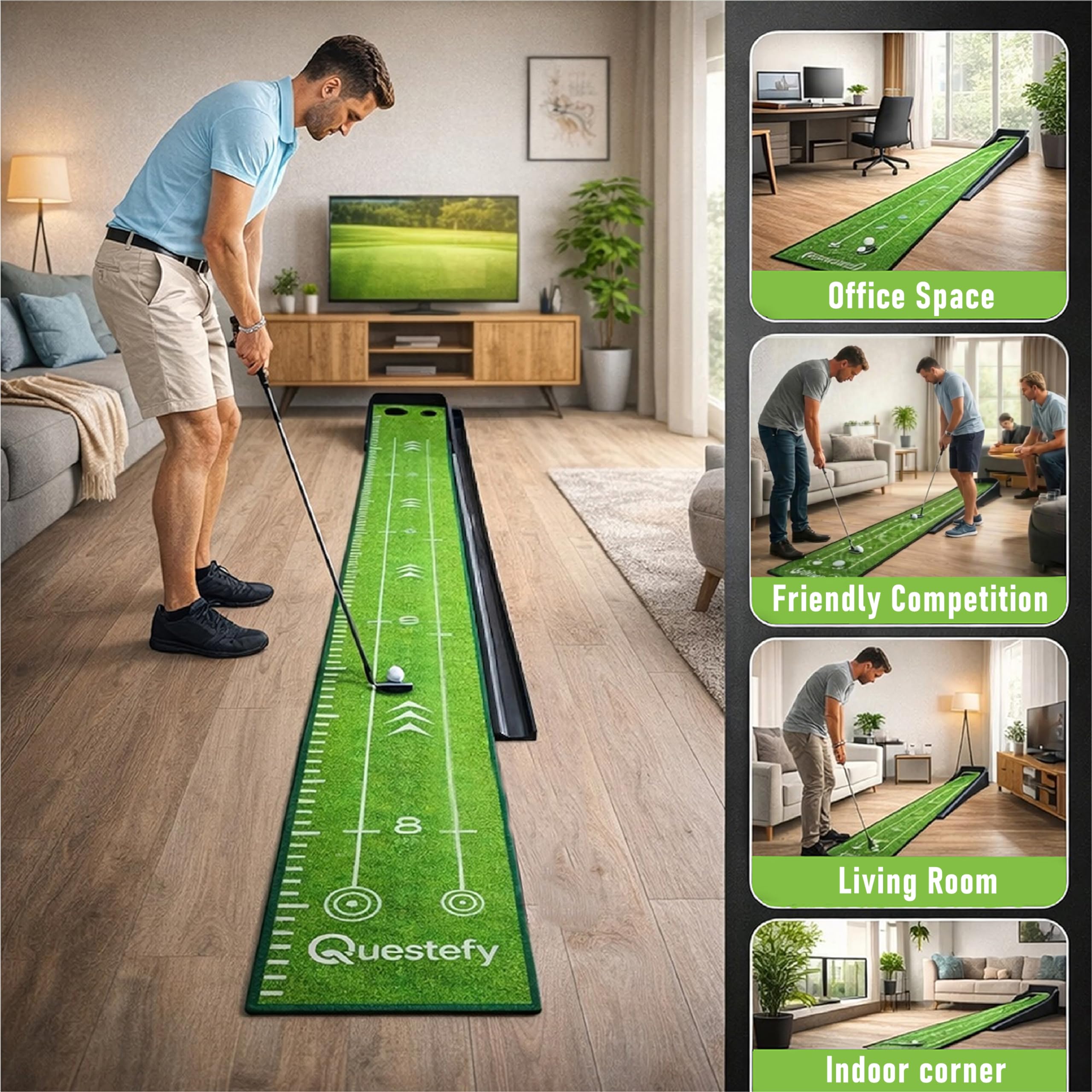 Putting Green Indoor | Tapete de golf sin arrugas con retorno automático de la bola, superficie antideslizante y marcas de alineación para una práctica precisa de putting en casa, oficina y al aire