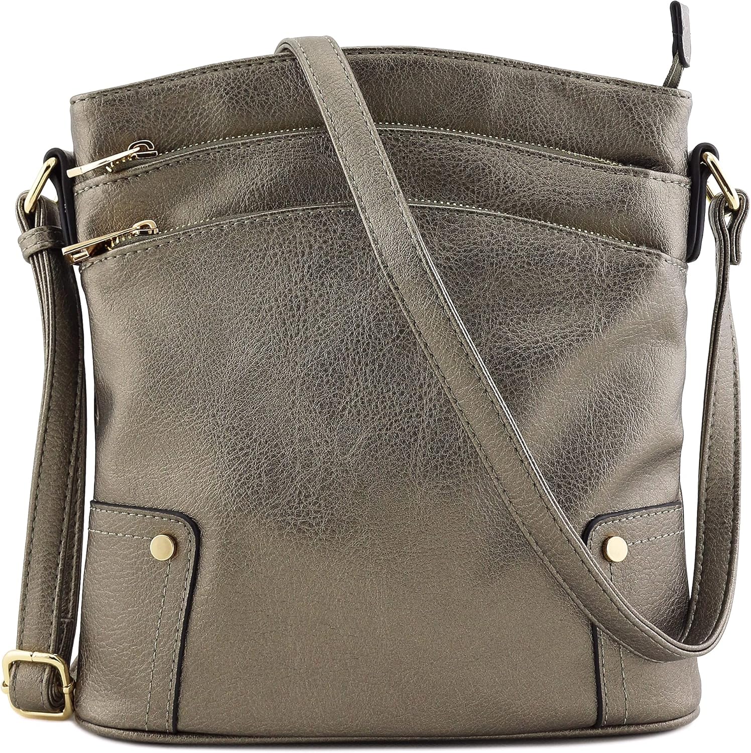 Triple Zip Pocket Large Crossbody Bag (Pewter): Handbags: 