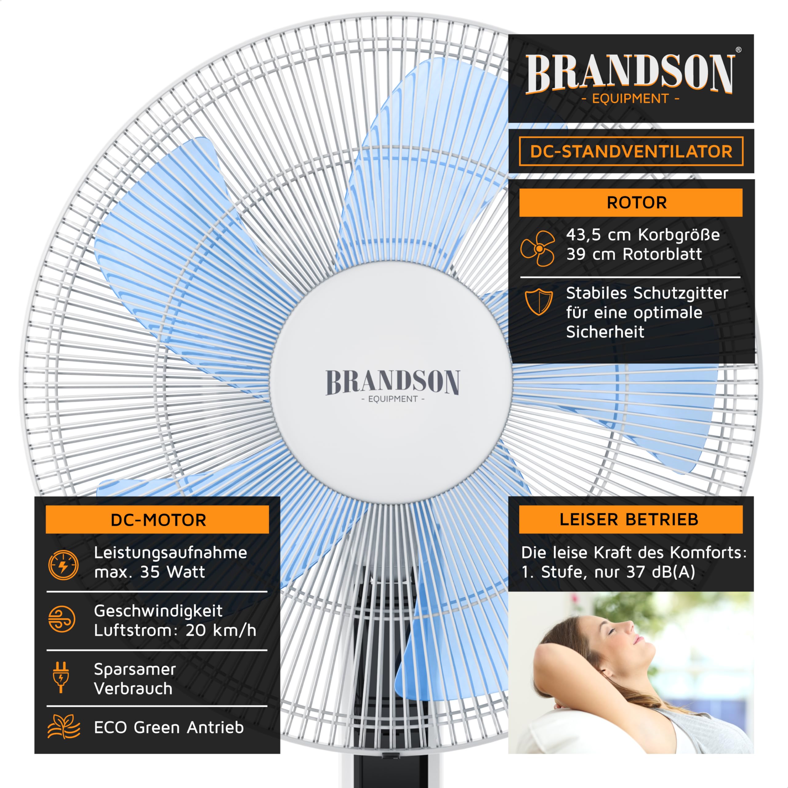 Brandson - DC Standventilator energiesparend ECO - Fernbedienung - Brushless Silent Motor, sehr leise – Preisträger 2026 - Oszillation - Ventilator Timer – 12 Stufen - LED Display
