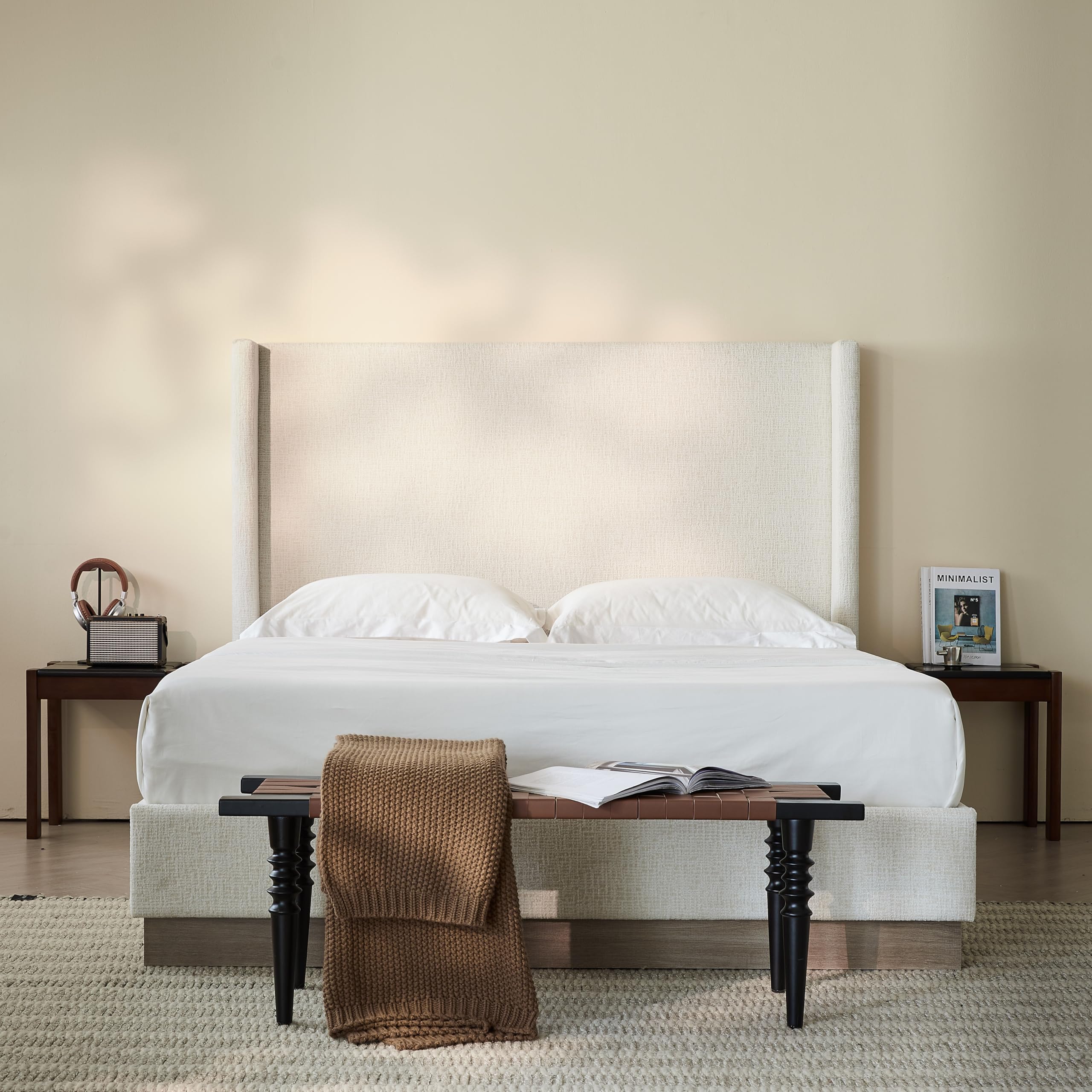 king size upholstered bed frame, 52.5" tall headboard hosford wingback platform bed frames, wood base floor beds, no noise, no box spring needed,minimalist, oat