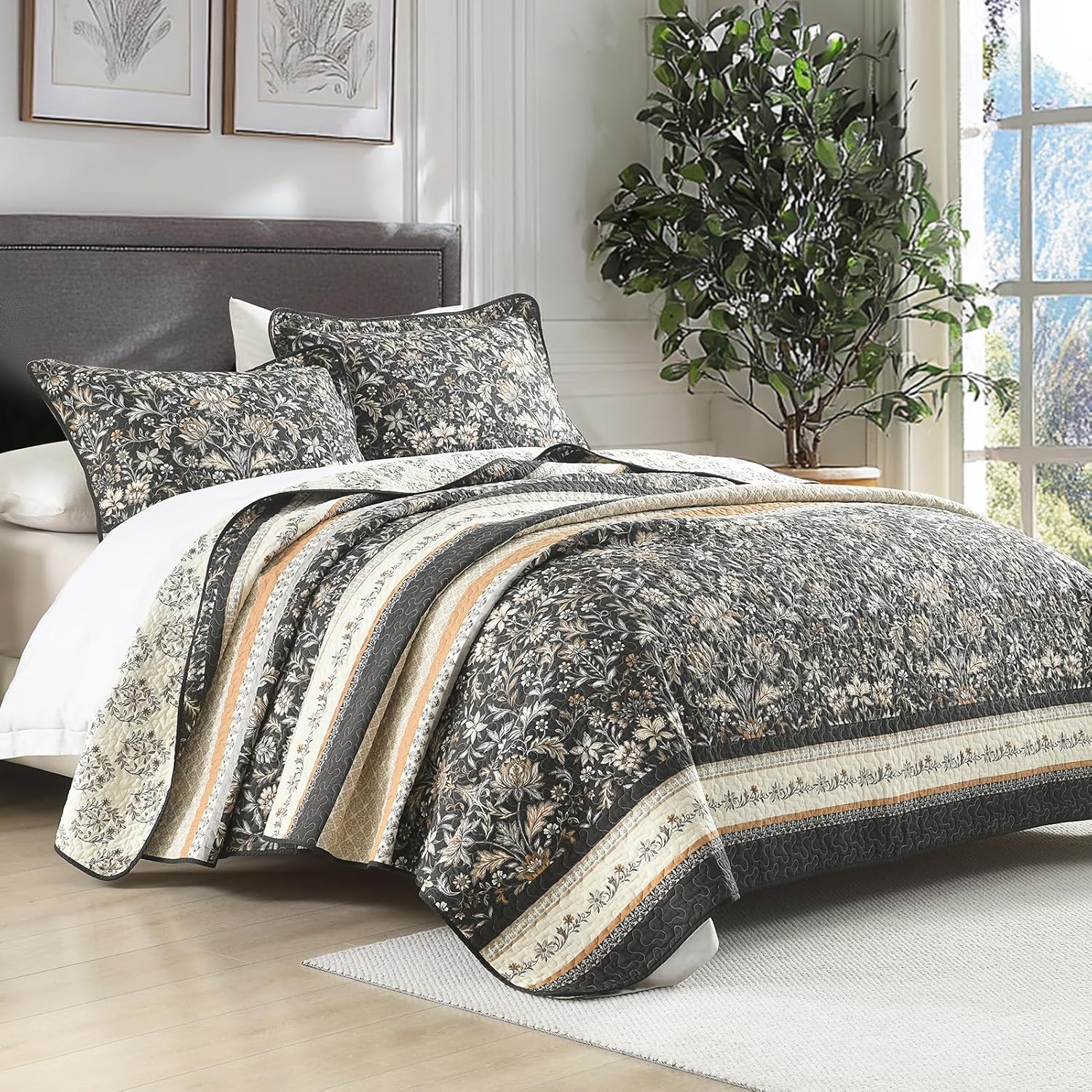 PANGUSHAN Quilt Set Queen Size - 100% Cotton Queen Comforter Set, Botanical Farmhouse Bedspread with 2 Pillow Shams, Floral Reversible Lightweight Bedding, Queen Bed Spread for All Season, Charcoal