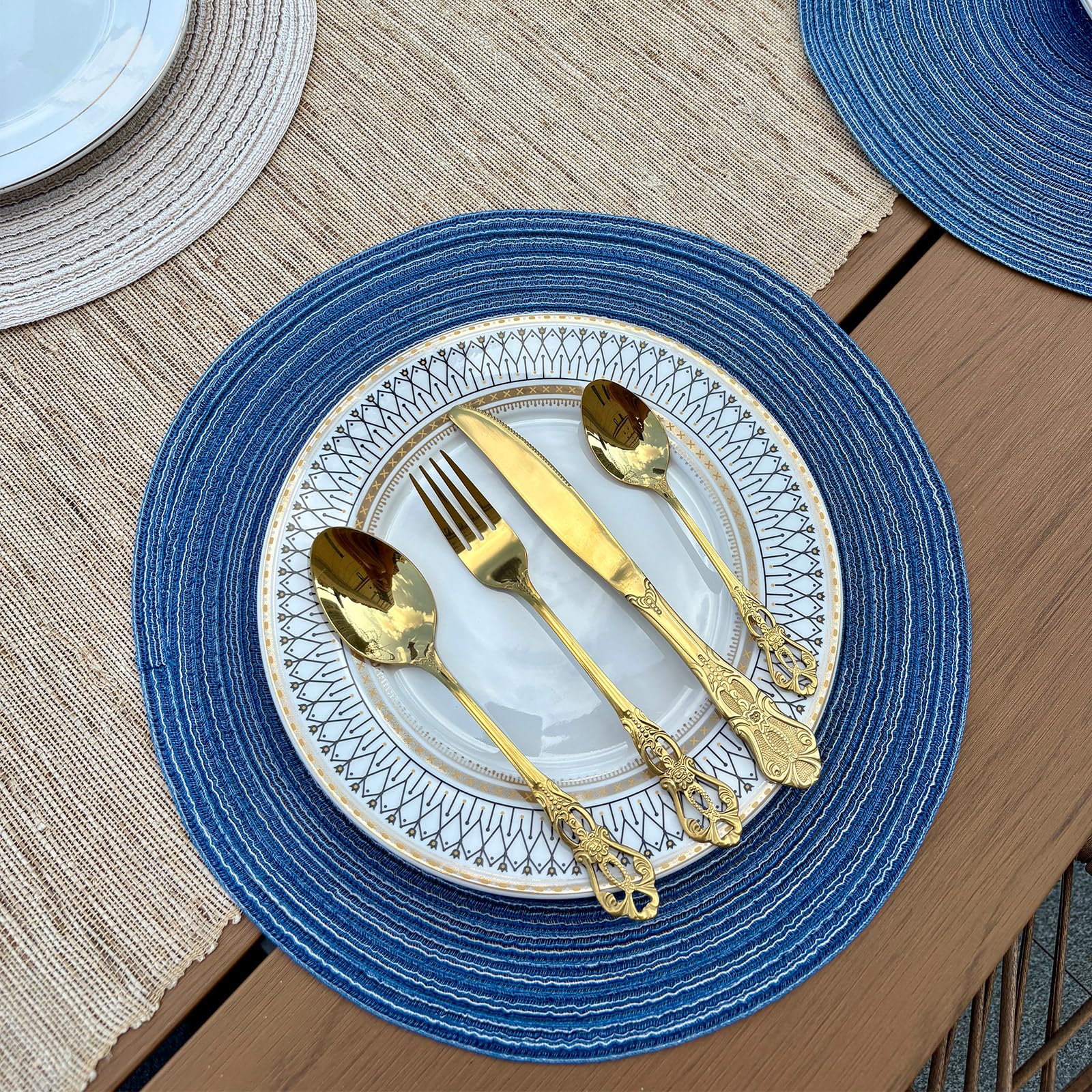 Blue Woven Placemats Set of 8,Washable Wipeable Woven TableMats Set of 8, Rattan Look Placemats,Blue ocen-Like placemats 15 Inch(Blue White)