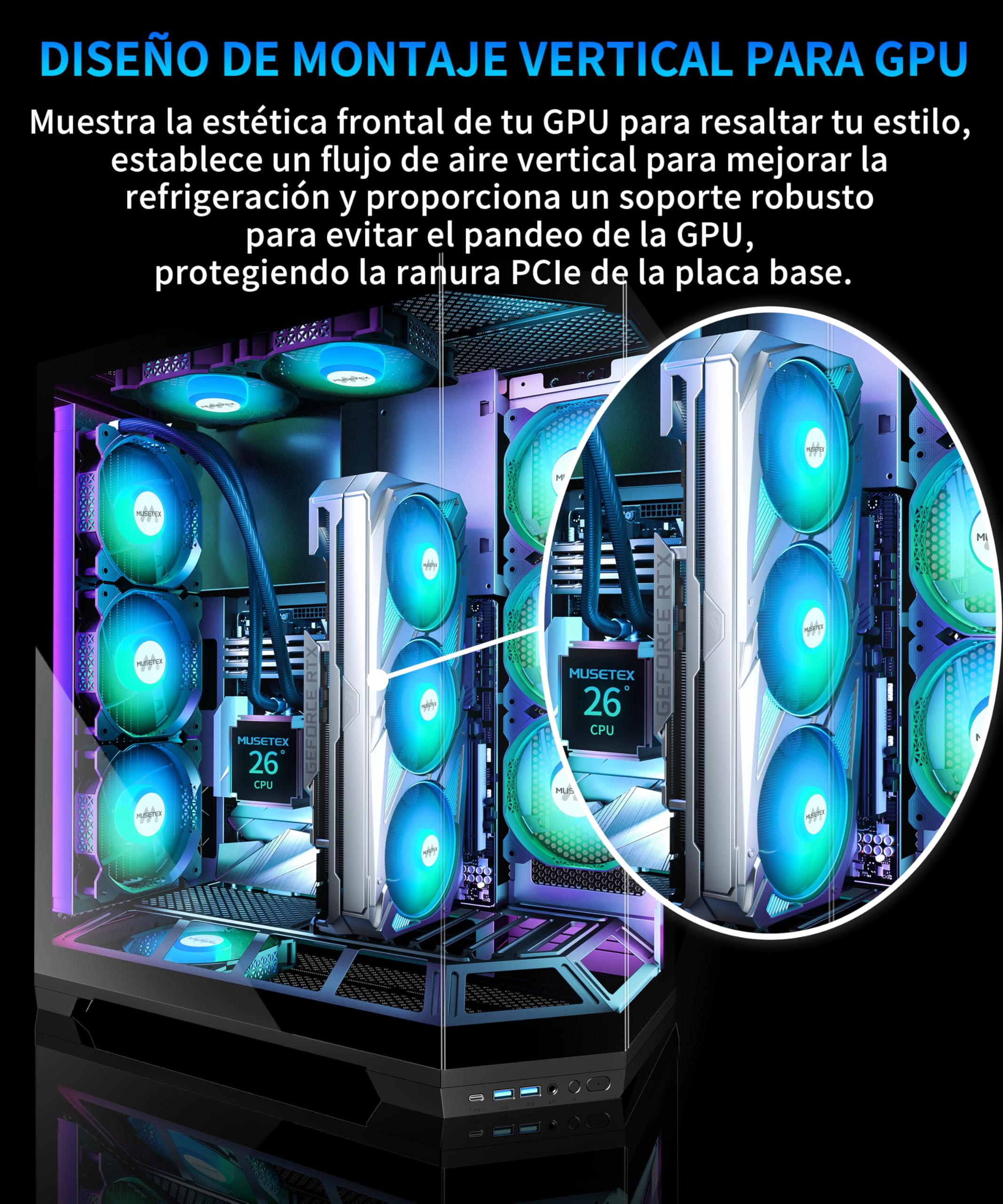 MUSETEX Torre Media ATX para PC Gaming, con Montaje Vertical para GPU, 5 Ventiladores ARGB PWM Preinstalados, Soporte para Radiador de 360 mm, Negro (GR3)