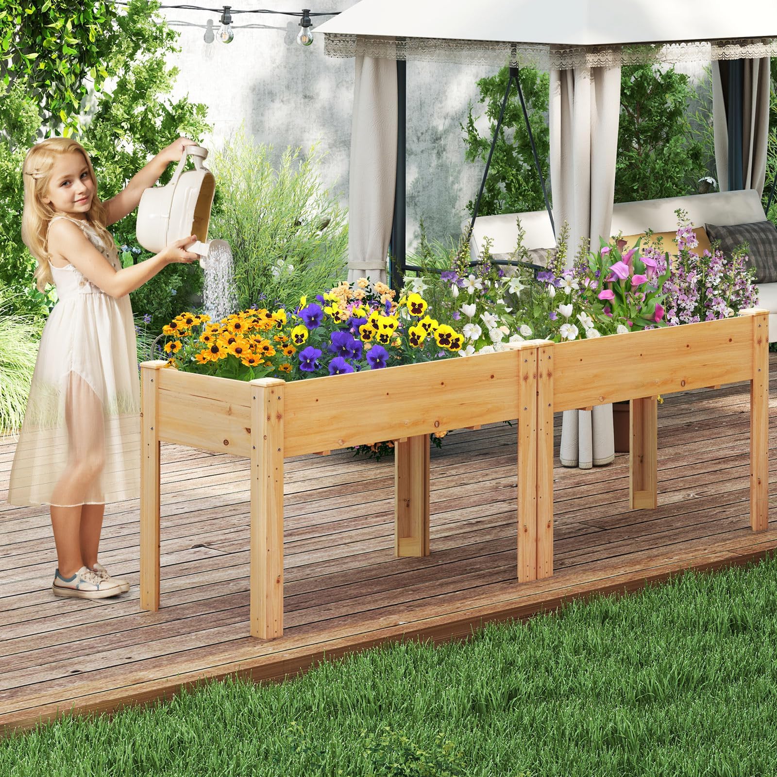 HOMASIS Huerto Urbano de Madera Abeto, 120 x 60 x 81 cm, Jardinera Elevada Terraza Exterior con Orificio de Drenaje, Compartimento de Almacenamiento, para Jardín, Balcón, Casa (Amarillo-marrón)