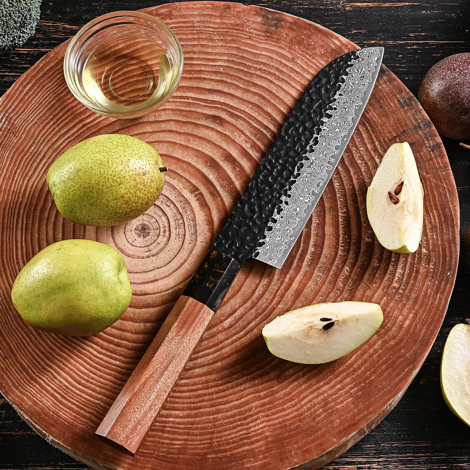 Santoku Japonais Damas 18cm, Couteau de Cuisine Professionnel en Acier VG10 à Haute Teneur en Carbone, Manche en Bois de Rose avec Coffret Cadeau