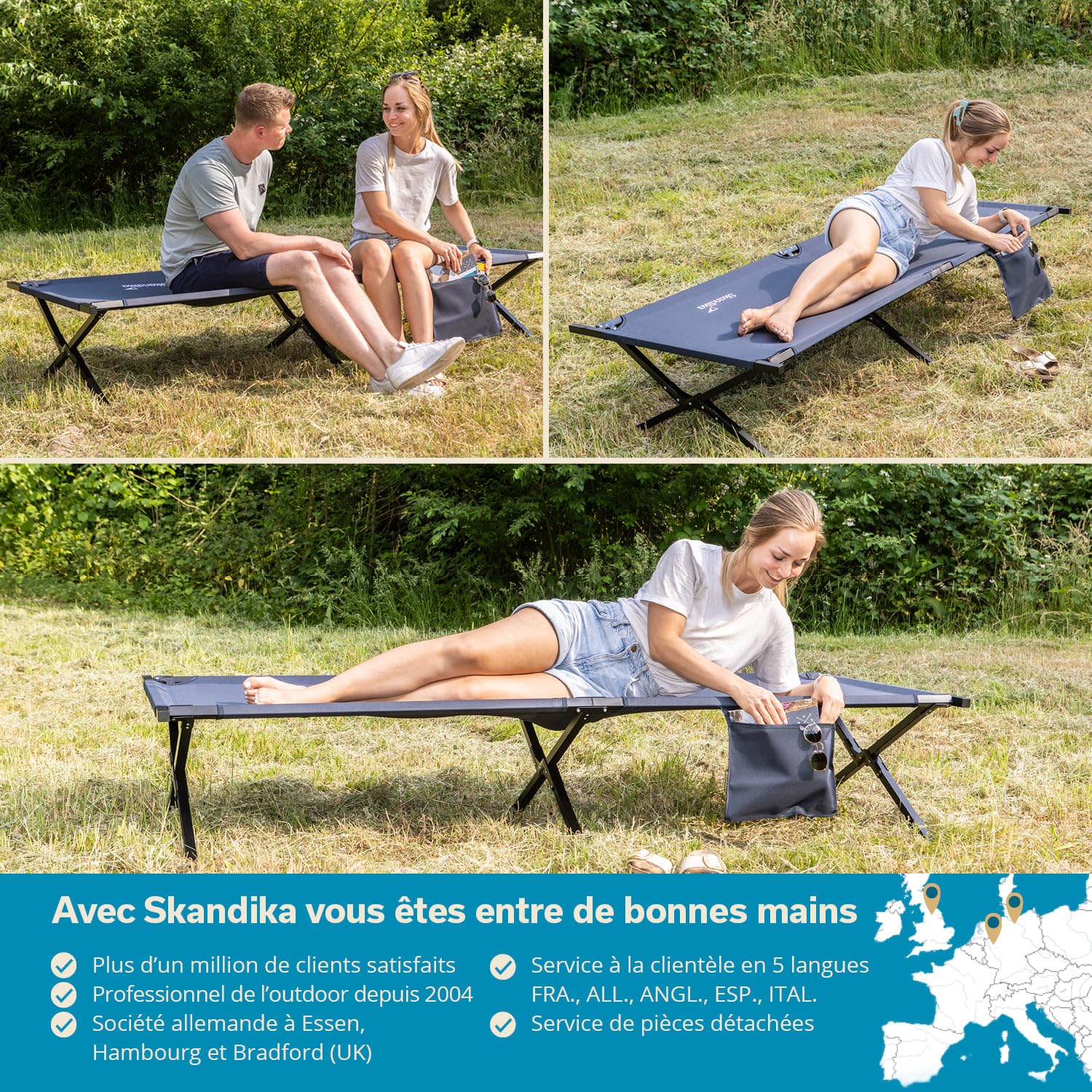 Skandika Lit de Camp Mutenia | Lit d’appoint Pliable avec Poche de Rangement, Max. 200 kg, 210 x 75 cm, Pieds antidérapants, Sac de Transport | Lit de Camp extérieur, Camping, Plage, Jardin