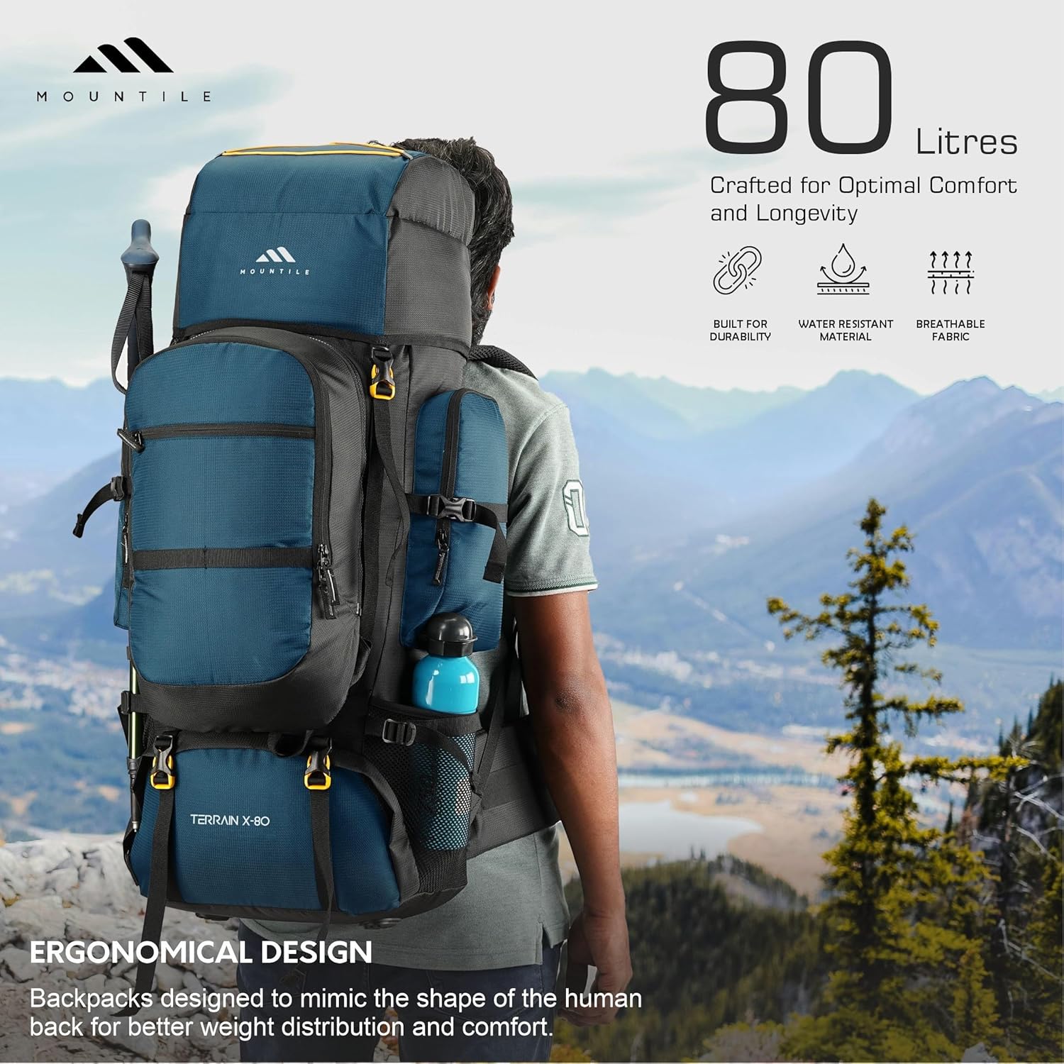TERRAIN X-80L Travel Backpack with Water Proof Rain Cover - Camping Hiking Rucksack Trekking Bag - MTX03, ENGLISHBLUE, 2XL, Casual
